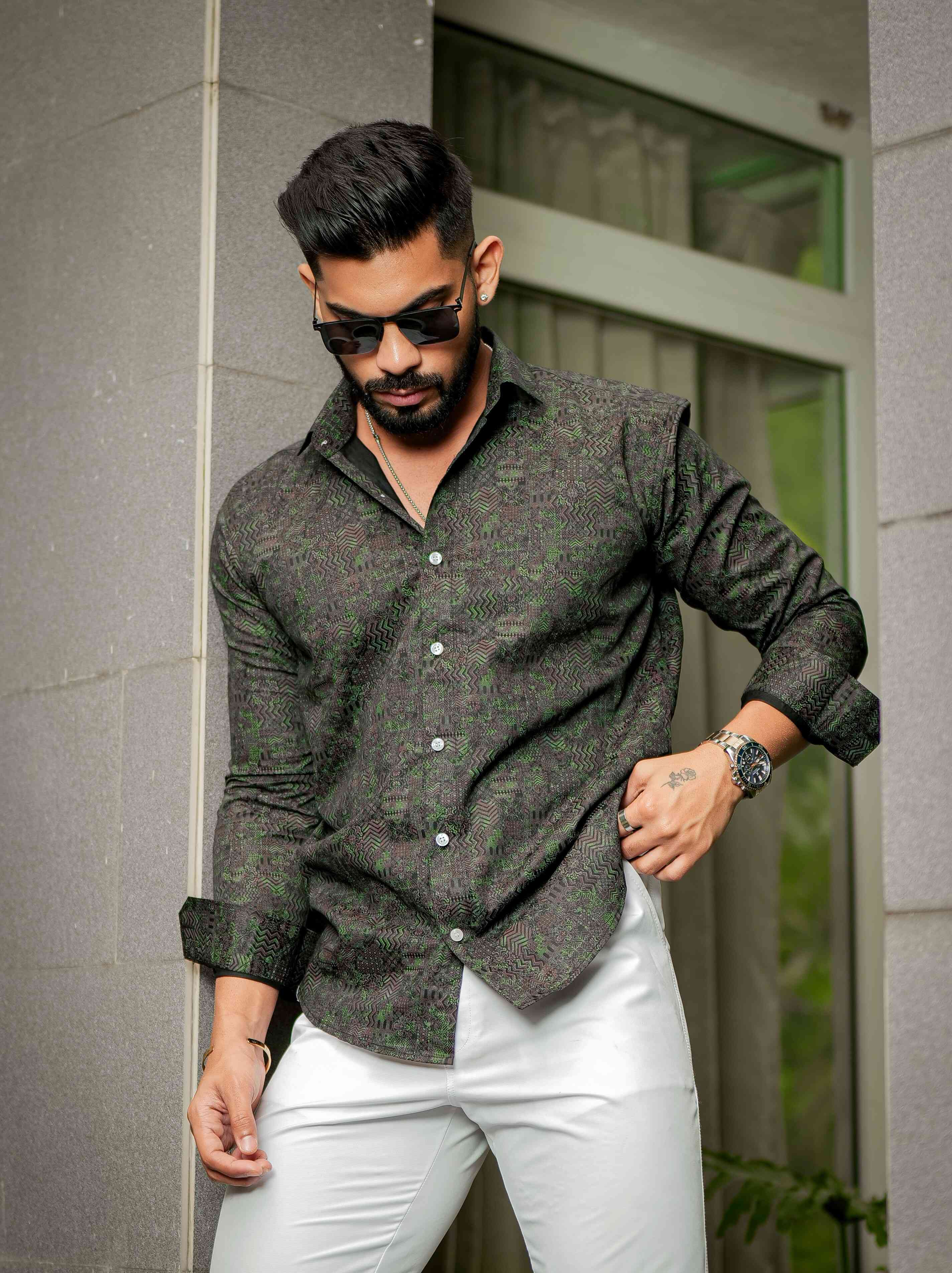 Dark Green Satin Print Premium Shirt