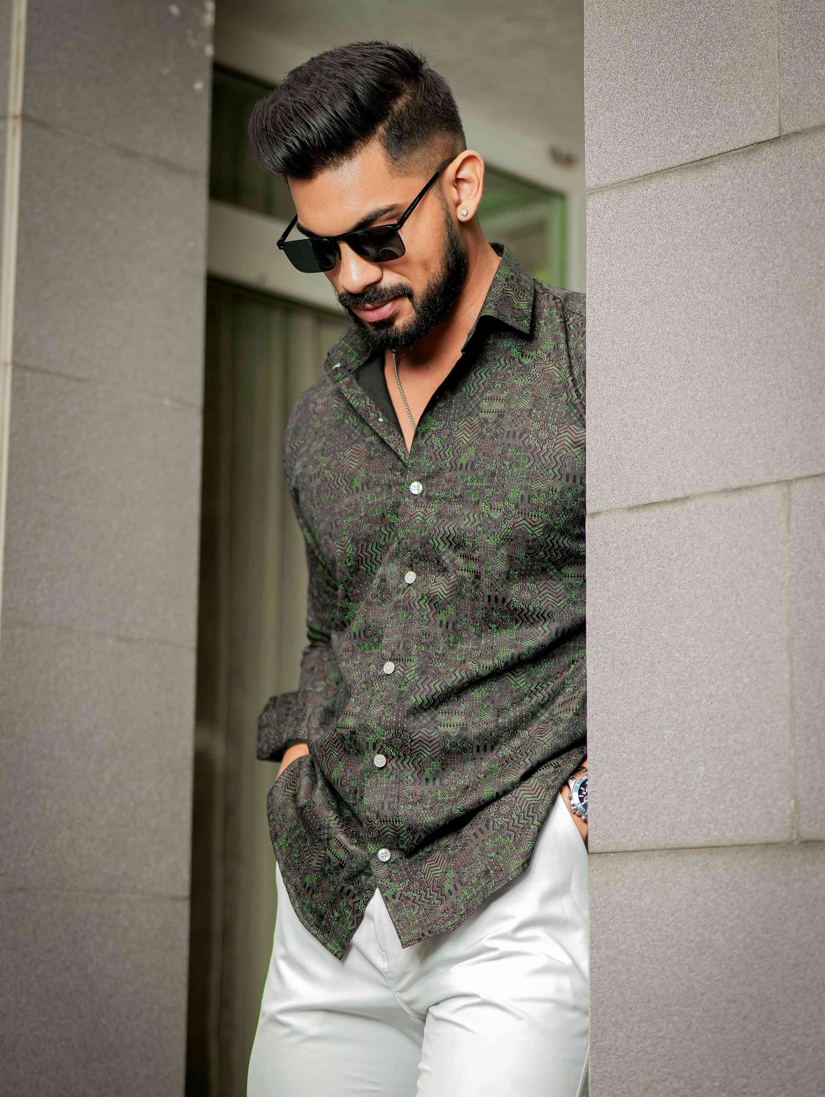 Dark Green Satin Print Premium Shirt