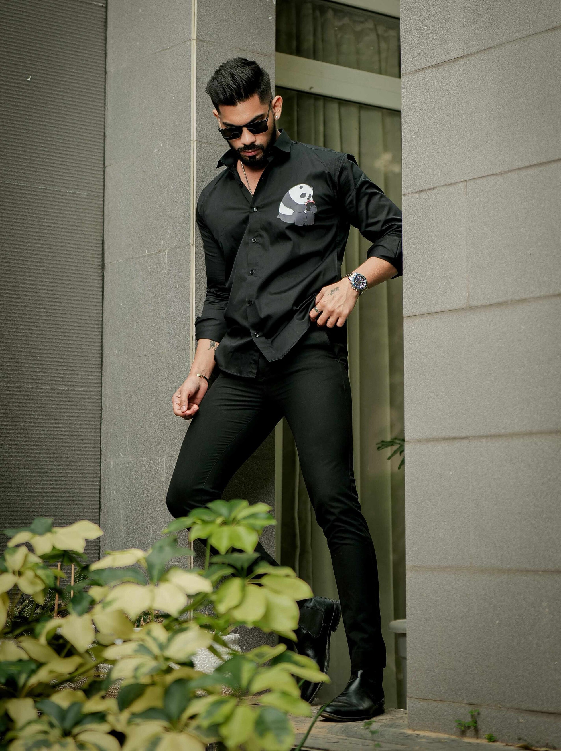 Black Club Wear Printed Satin Cotton Shirt