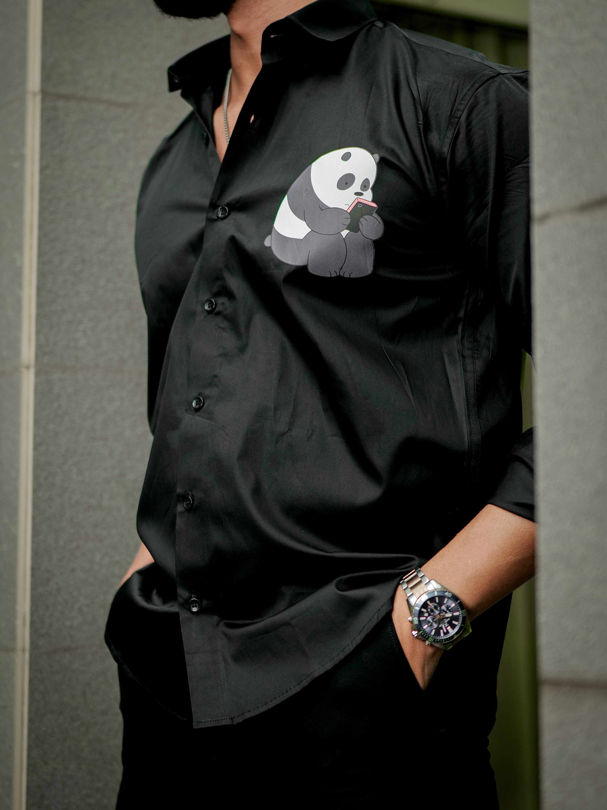 Black Club Wear Printed Satin Cotton Shirt