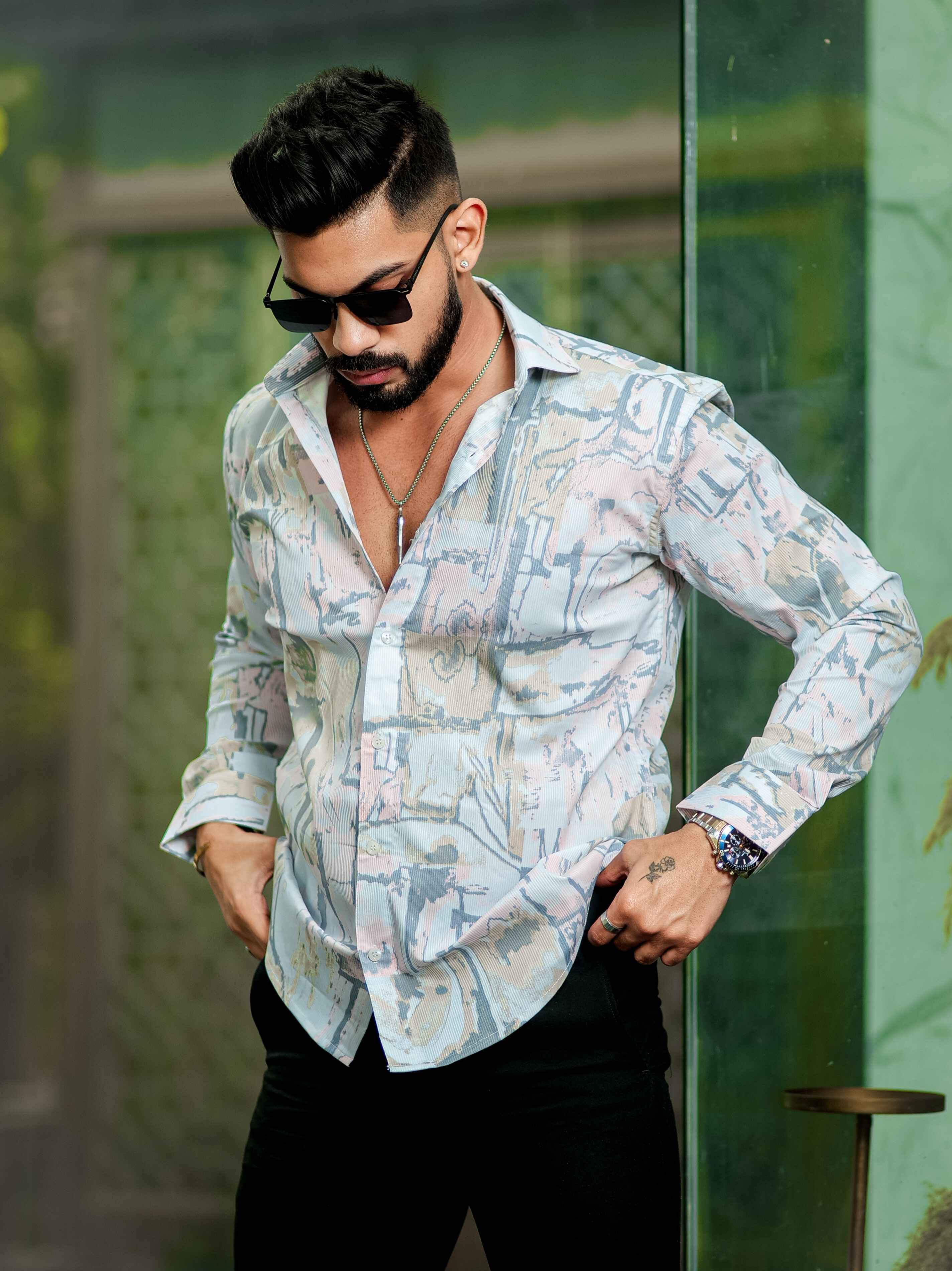 White Satin Print Premium Shirt