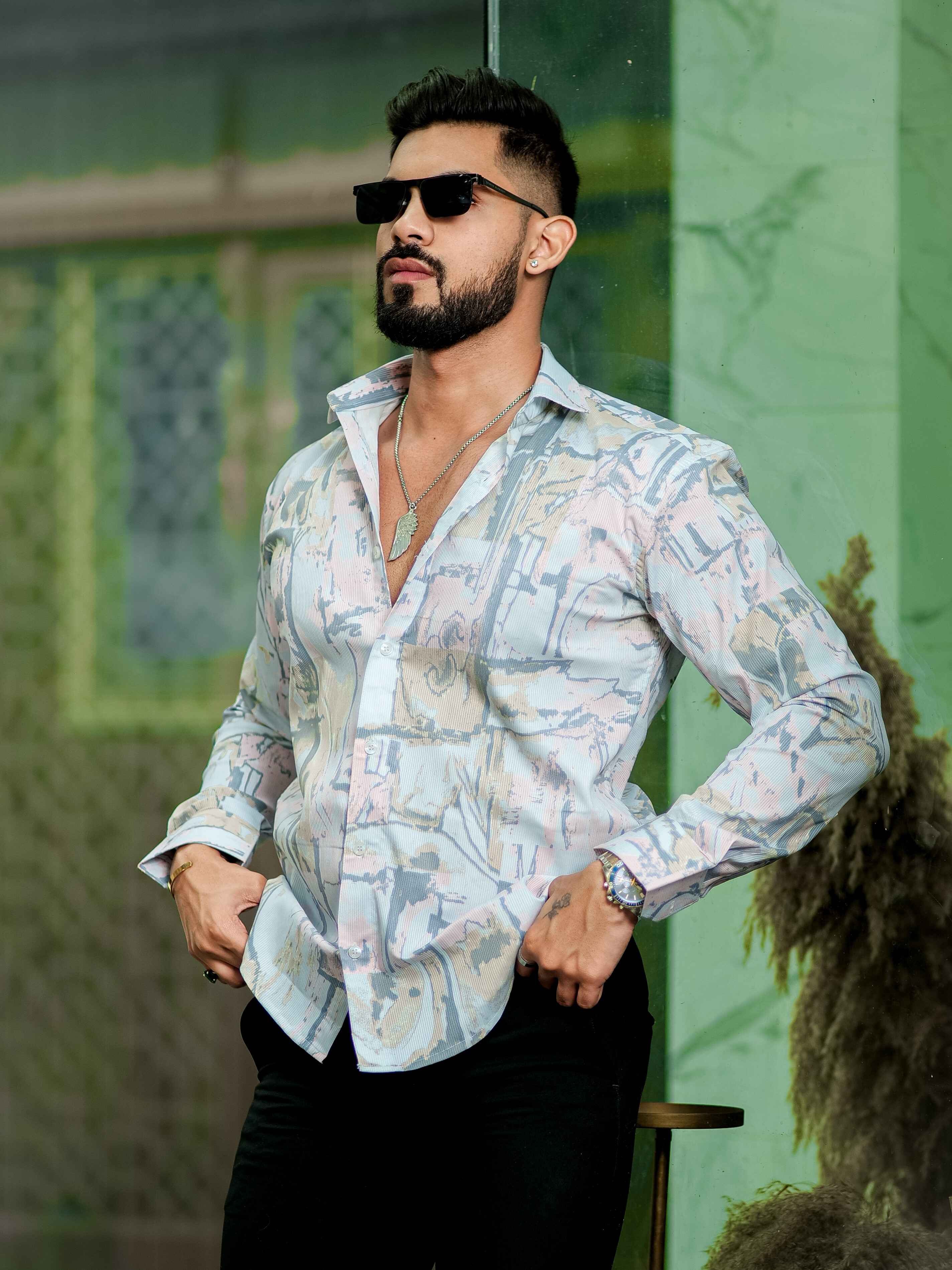 White Satin Print Premium Shirt