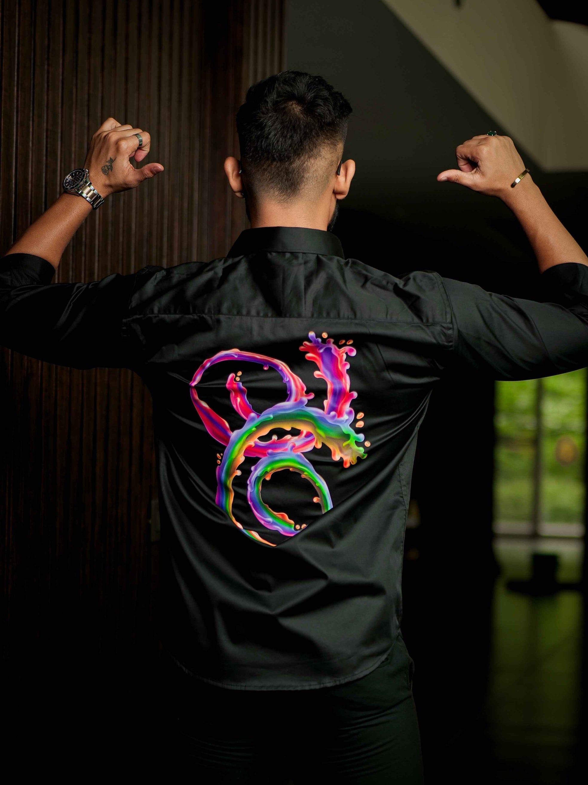 Black Club Wear Printed Satin Cotton Shirt