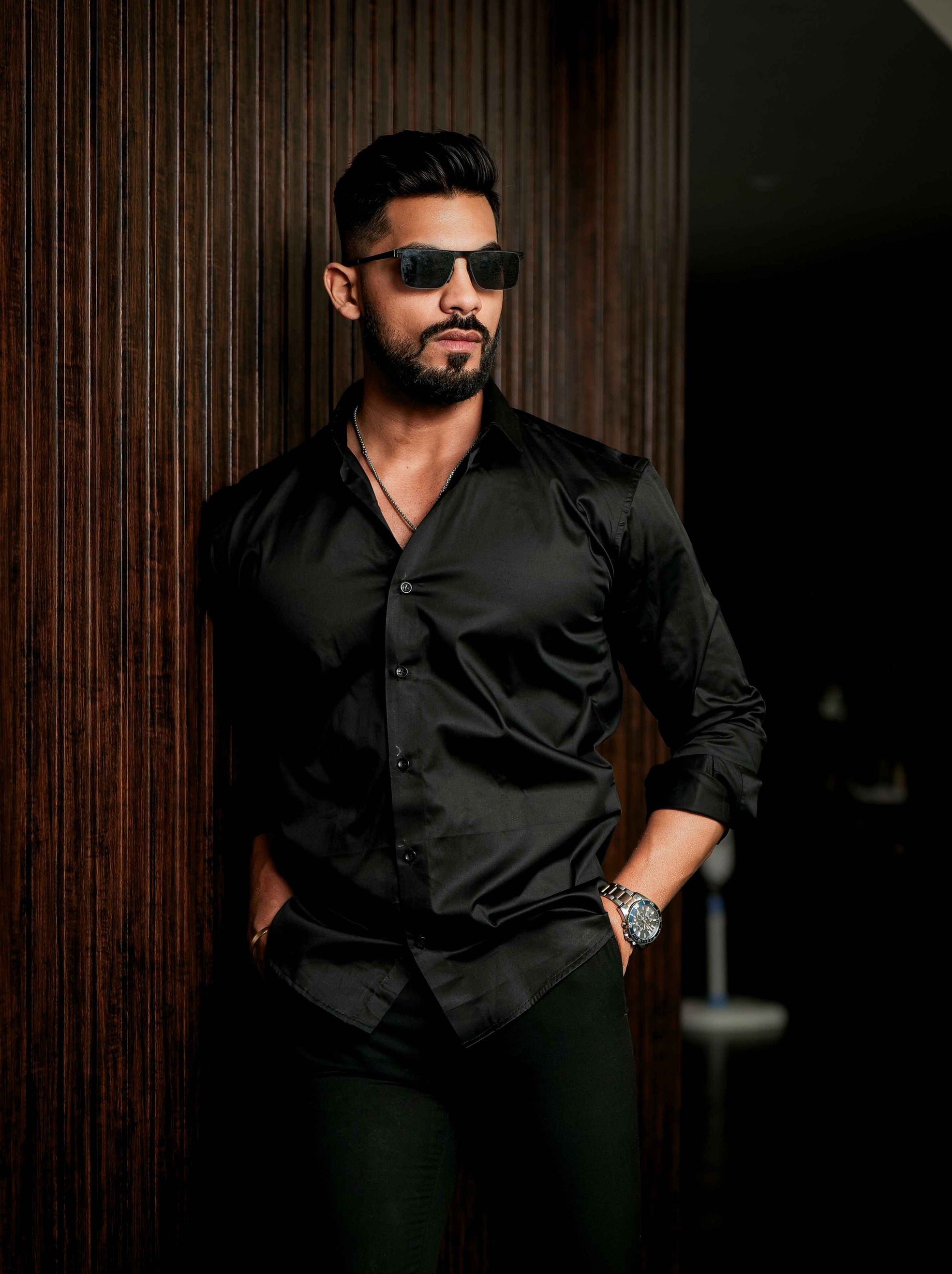 Black Club Wear Printed Satin Cotton Shirt