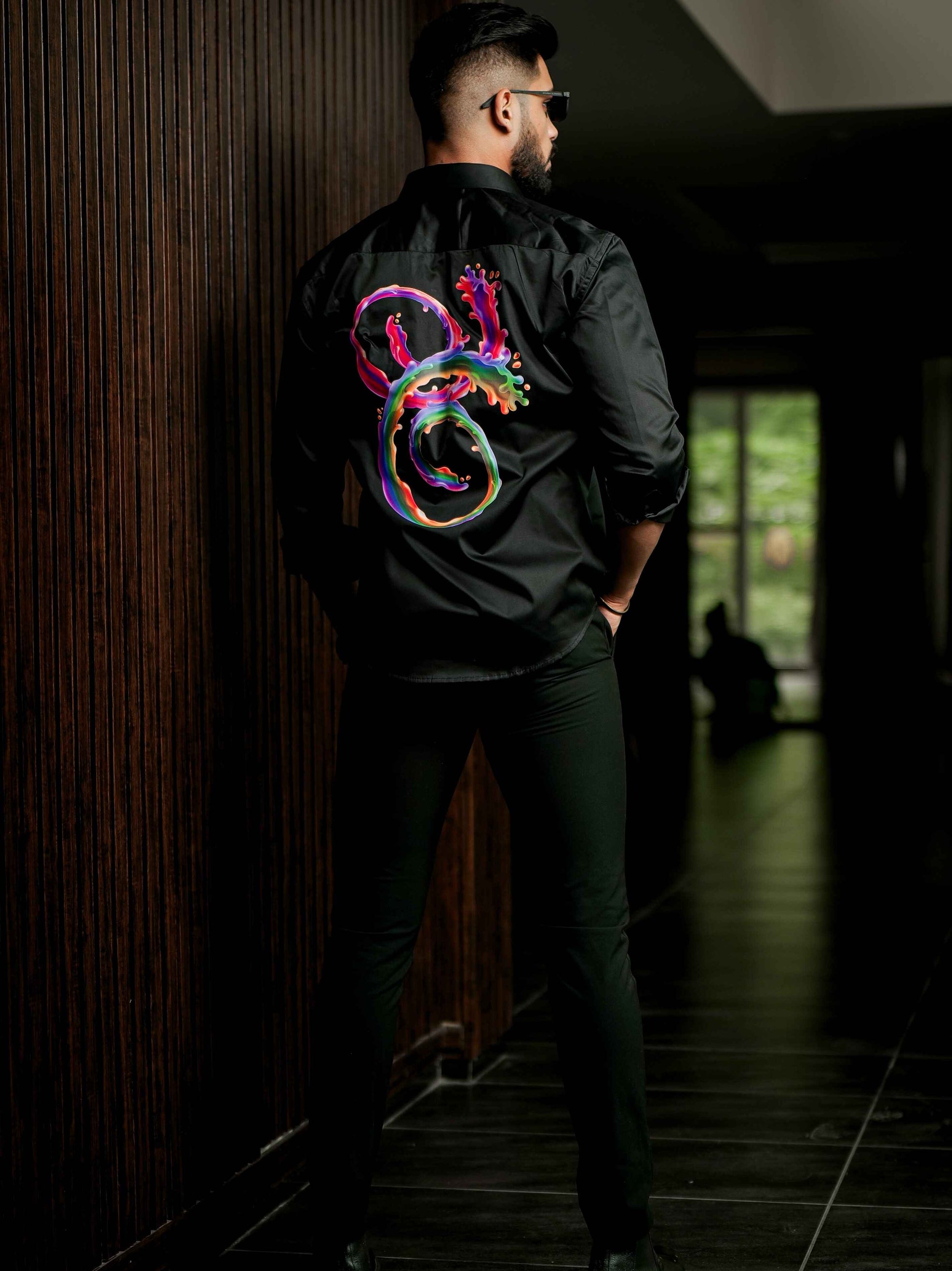 Black Club Wear Printed Satin Cotton Shirt