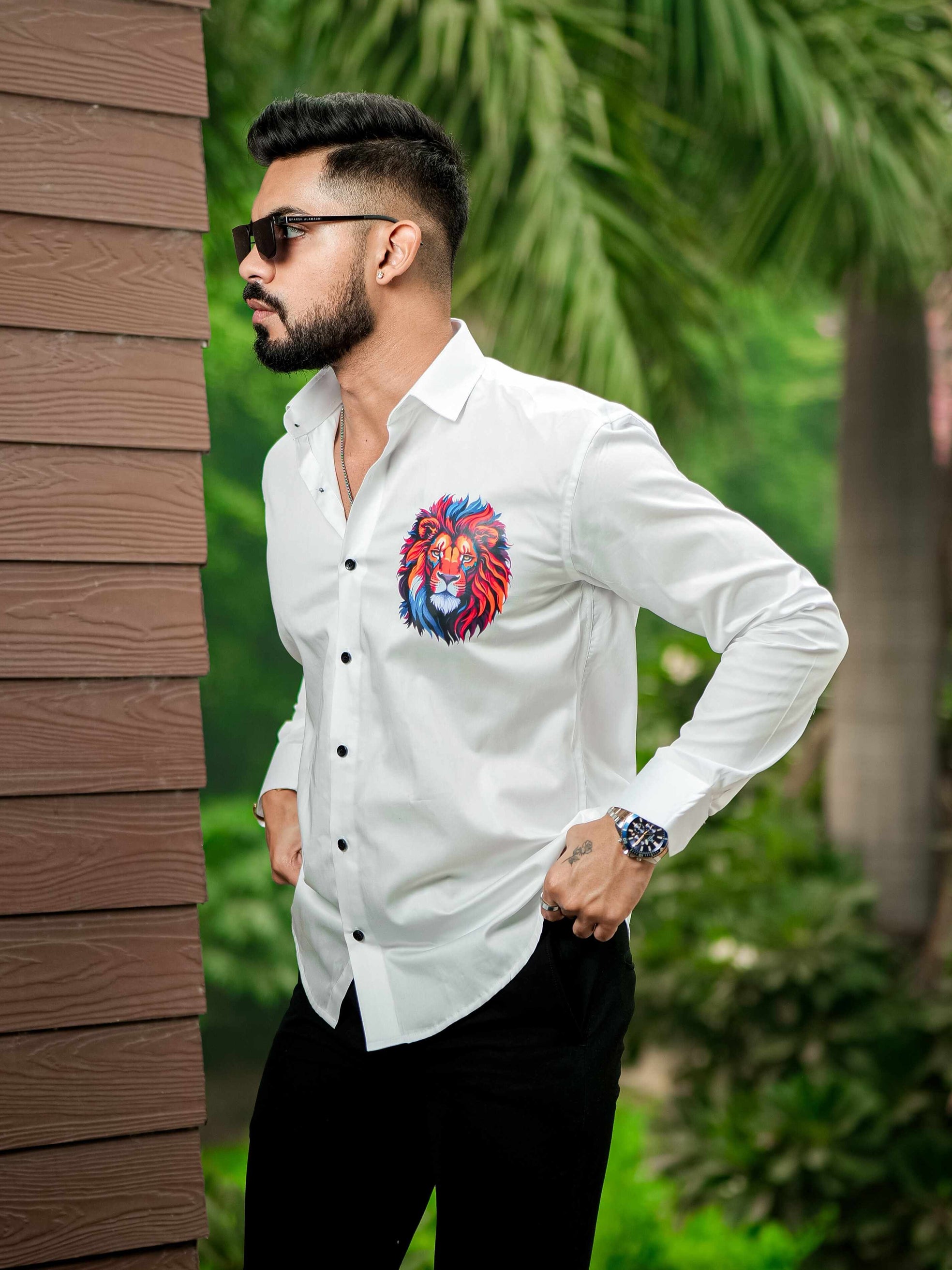 White Club Wear Printed Satin Cotton Shirt For Men's