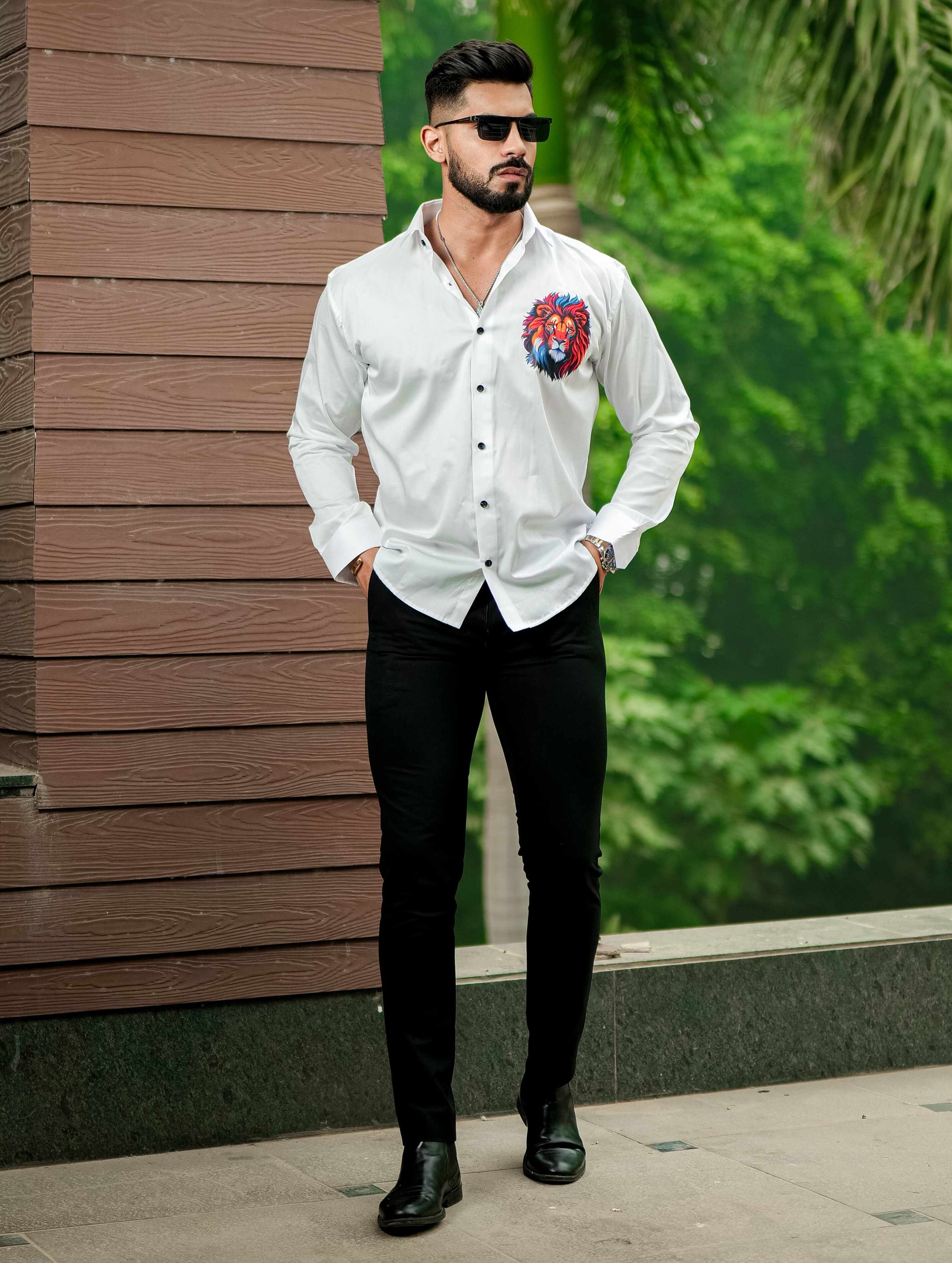 White Club Wear Printed Satin Cotton Shirt For Men's