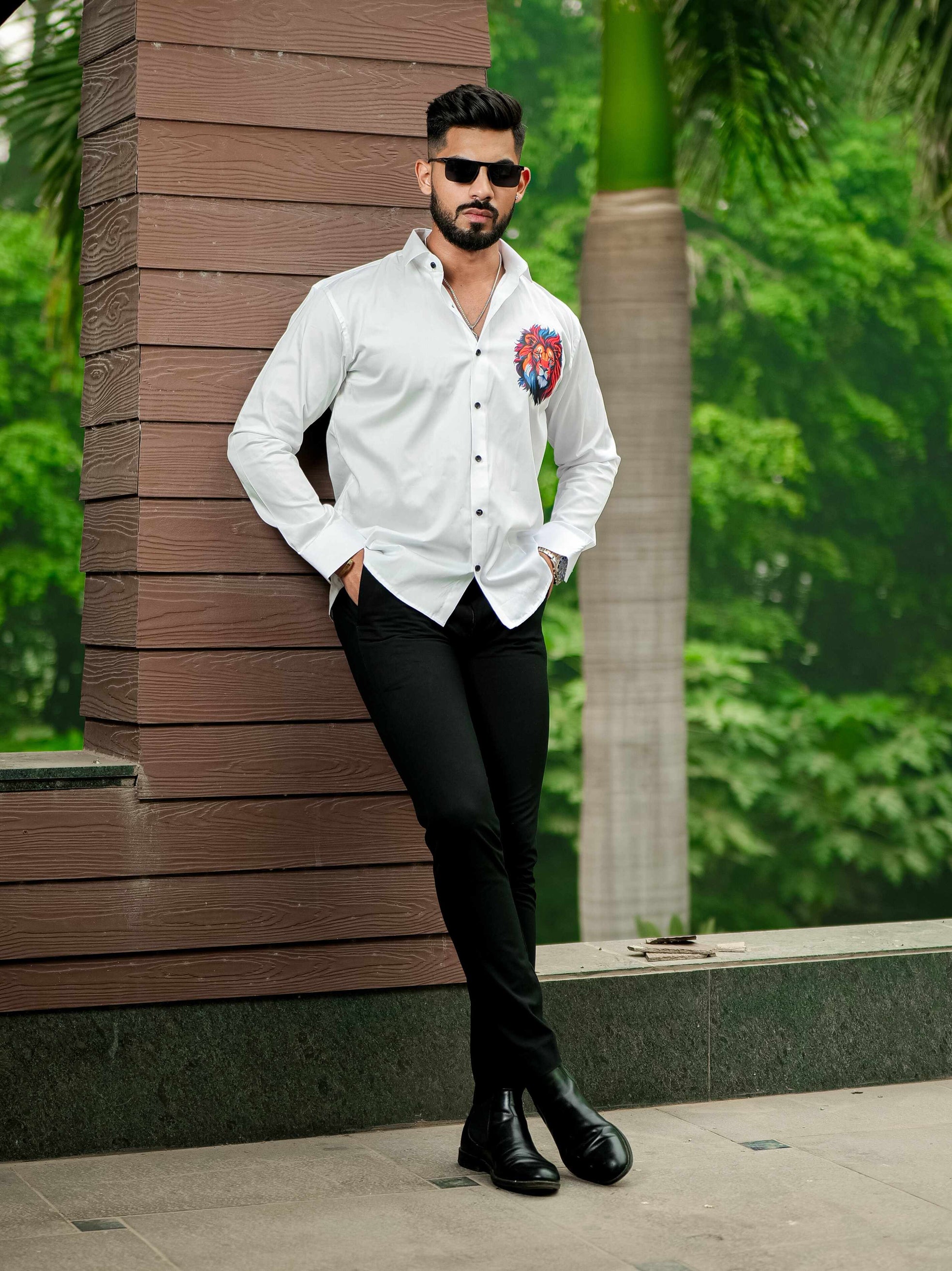 White Club Wear Printed Satin Cotton Shirt For Men's