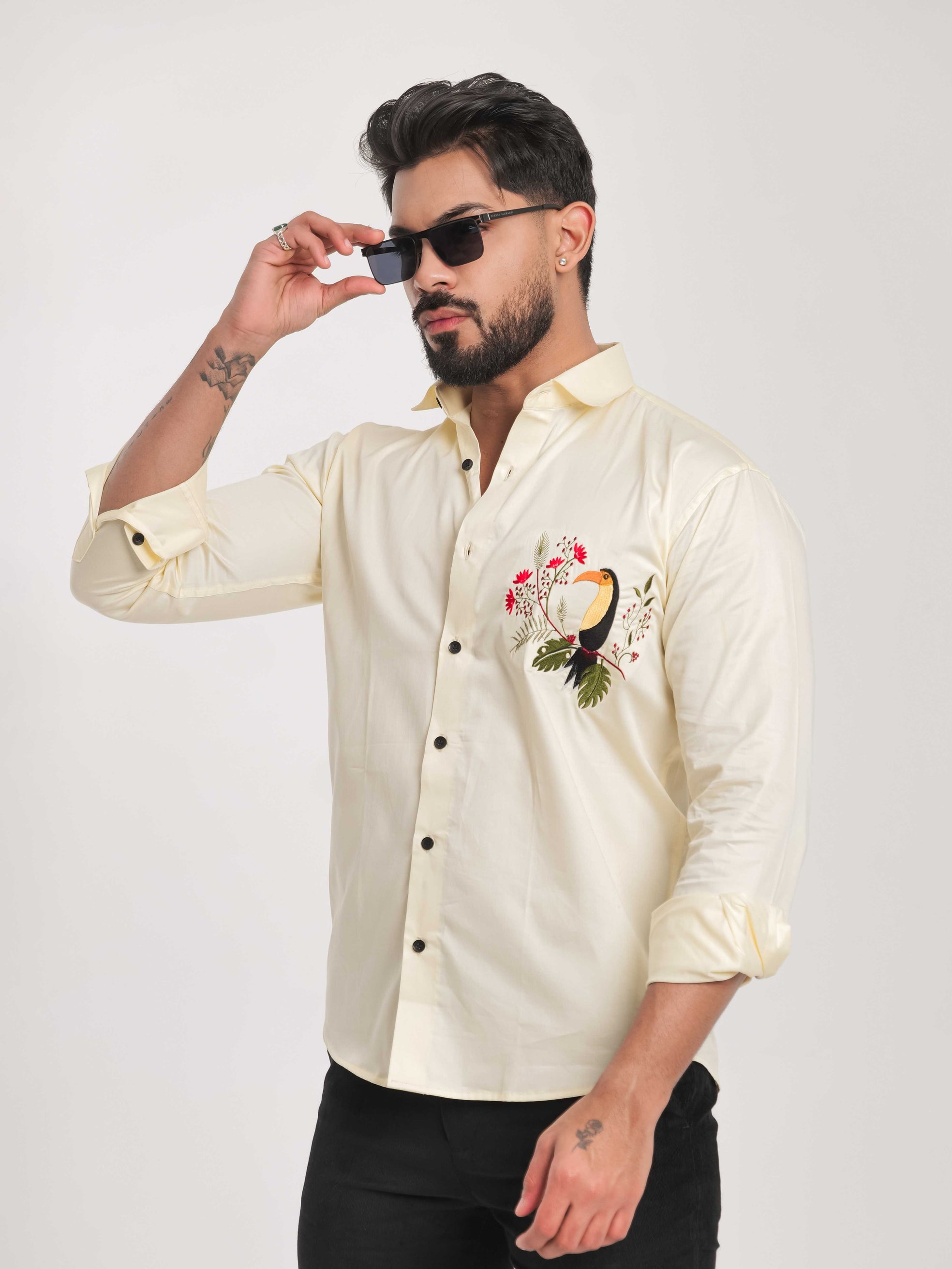 FOOMER YELLOW EMBROIDERY DESIGNER SATIN SHIRT FOR MEN'S