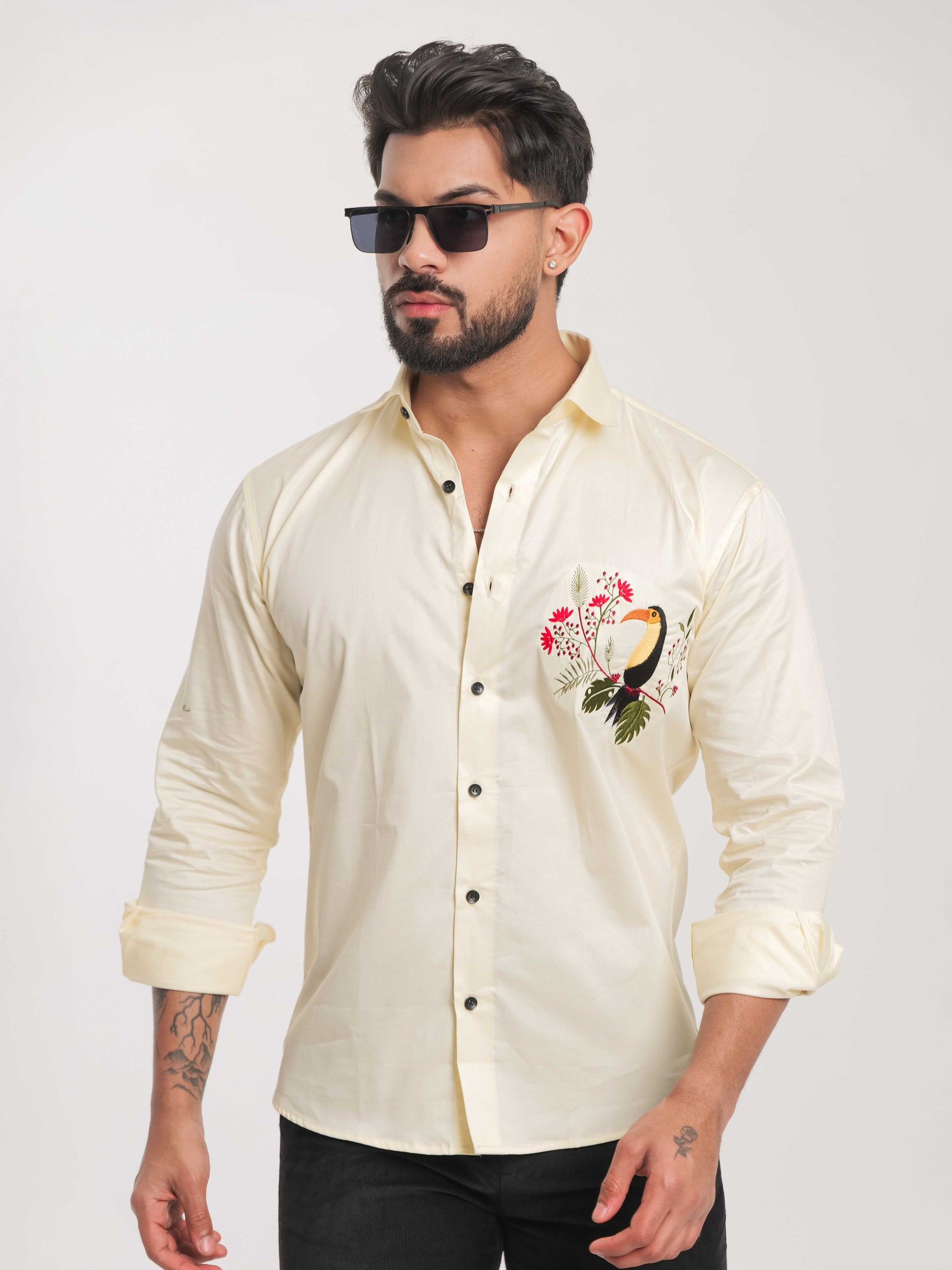 FOOMER YELLOW EMBROIDERY DESIGNER SATIN SHIRT FOR MEN'S