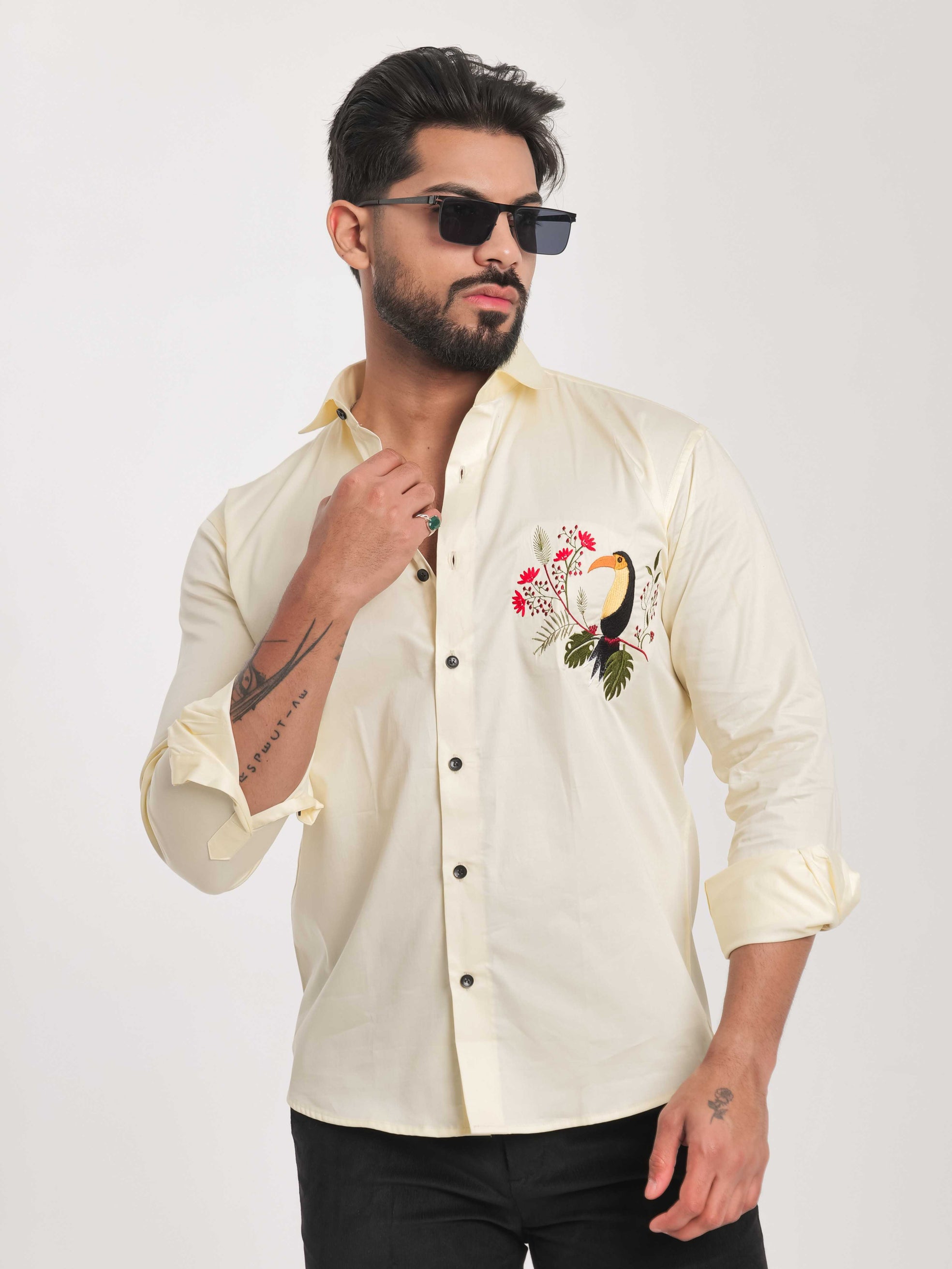 FOOMER YELLOW EMBROIDERY DESIGNER SATIN SHIRT FOR MEN'S