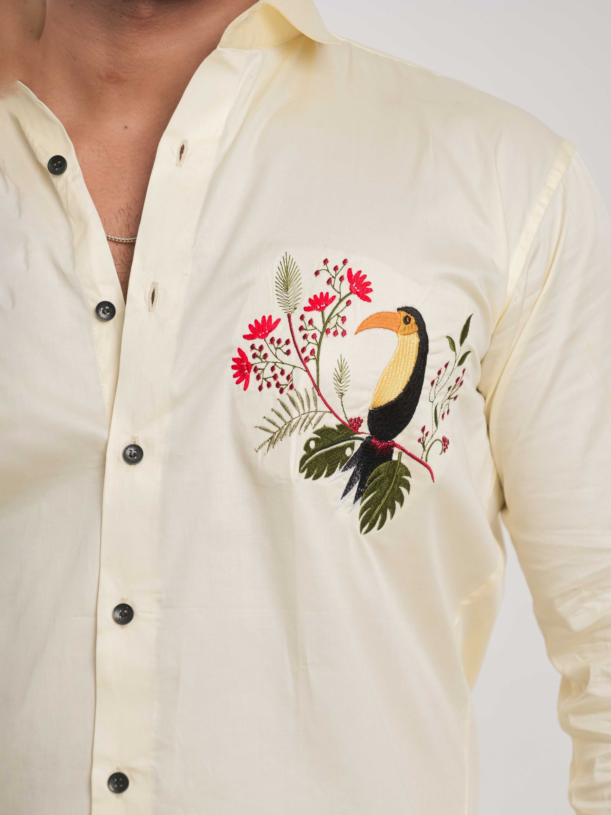 FOOMER YELLOW EMBROIDERY DESIGNER SATIN SHIRT FOR MEN'S