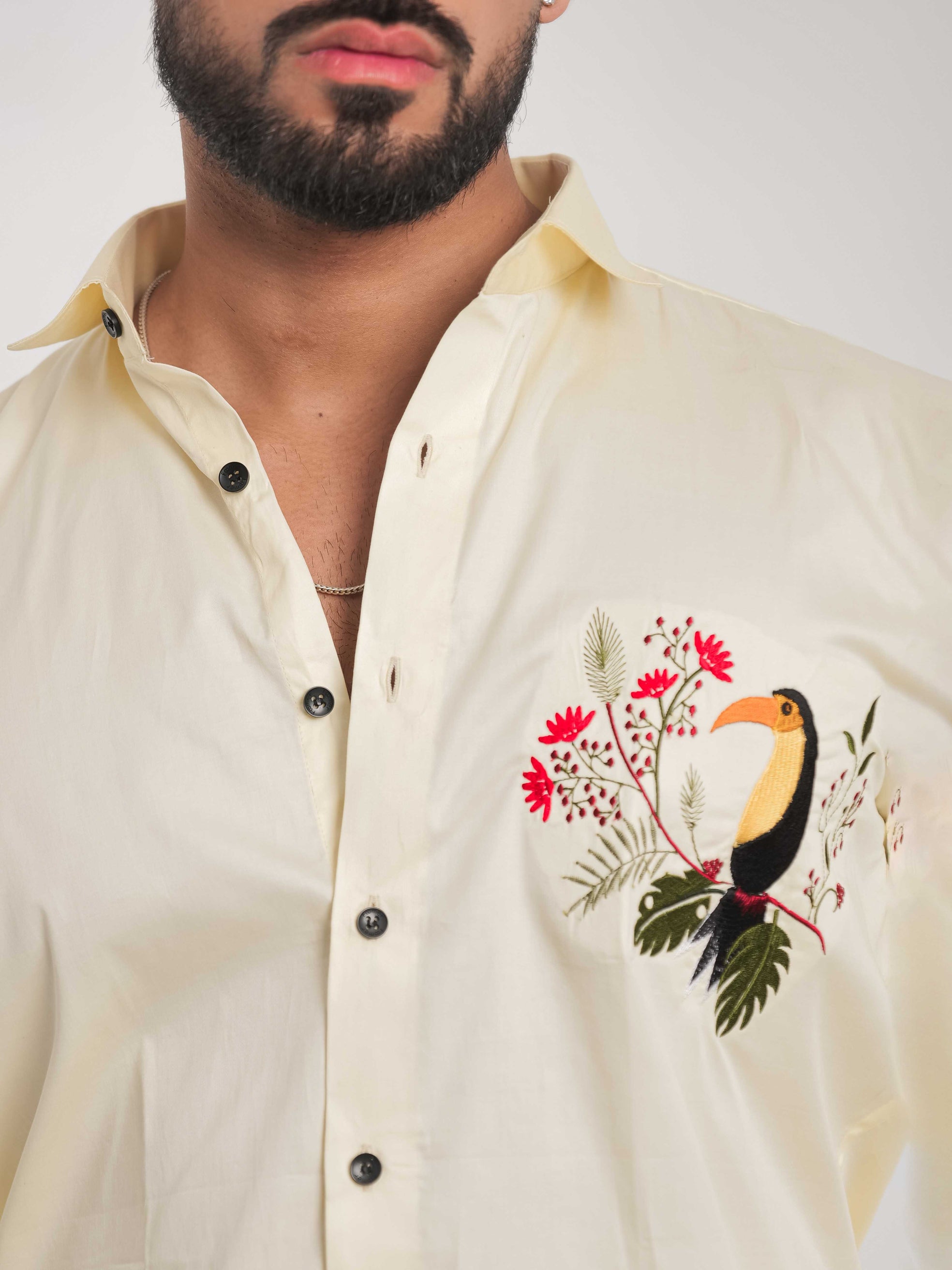 FOOMER YELLOW EMBROIDERY DESIGNER SATIN SHIRT FOR MEN'S