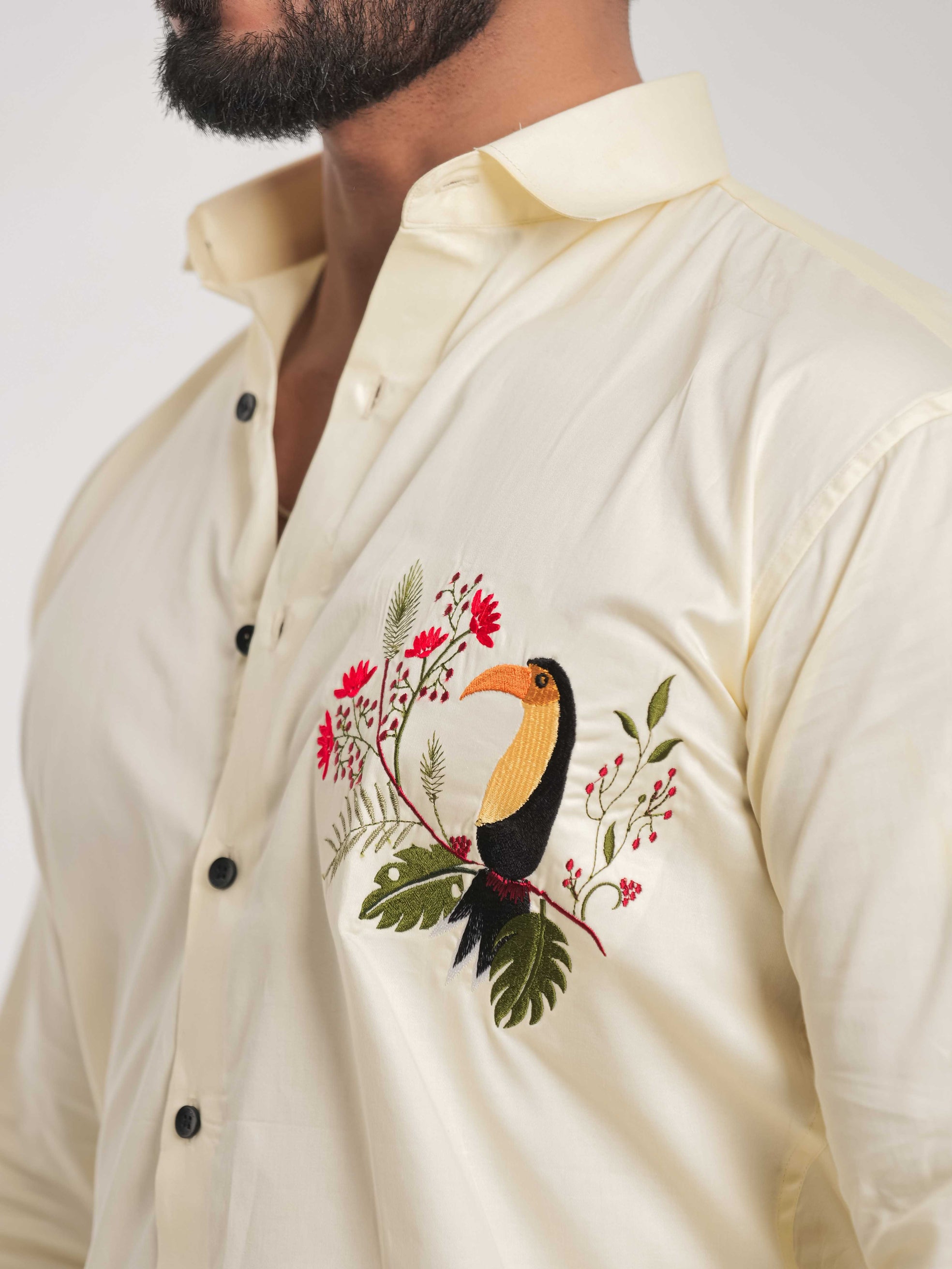 FOOMER YELLOW EMBROIDERY DESIGNER SATIN SHIRT FOR MEN'S