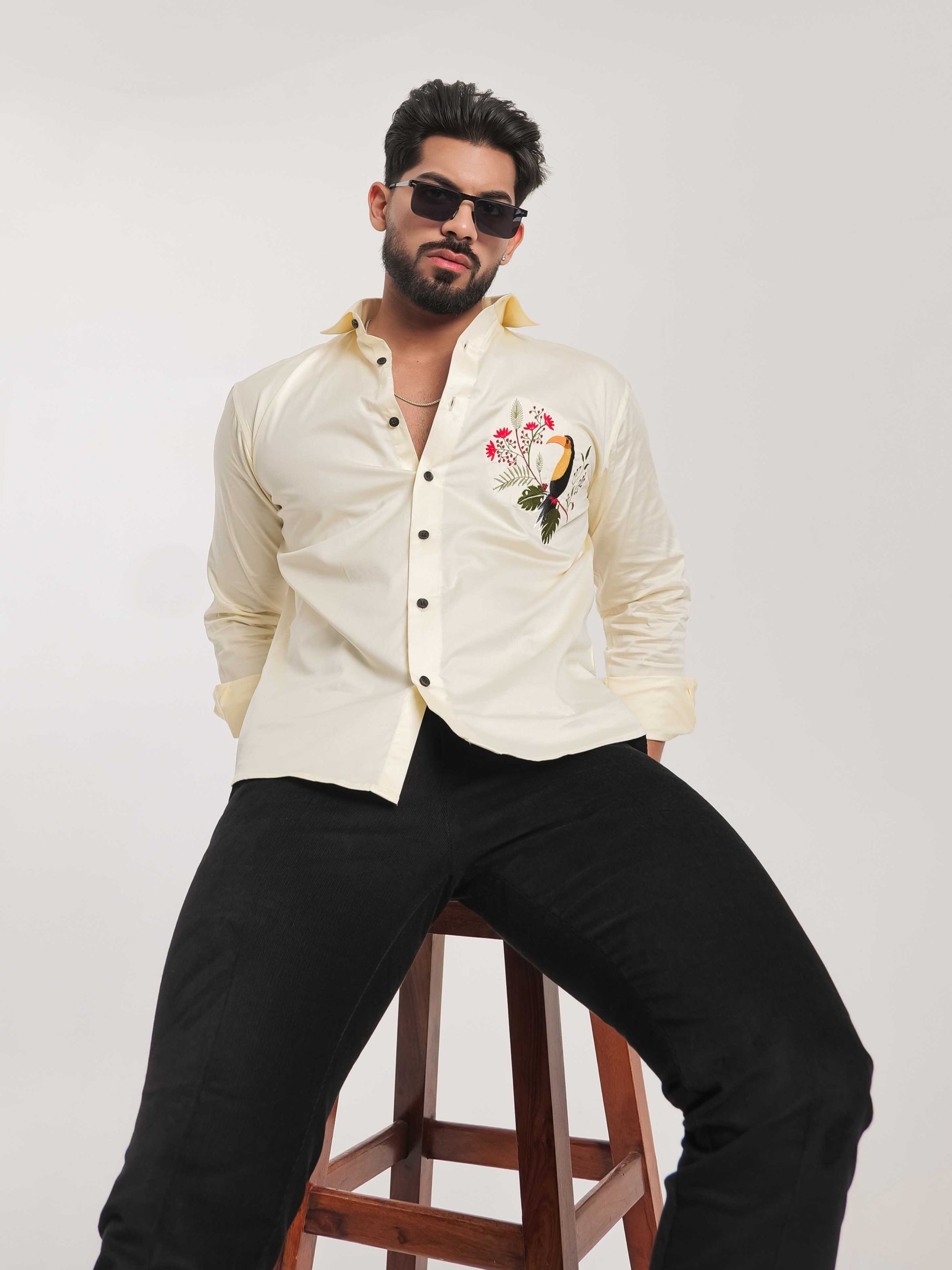 FOOMER YELLOW EMBROIDERY DESIGNER SATIN SHIRT FOR MEN'S