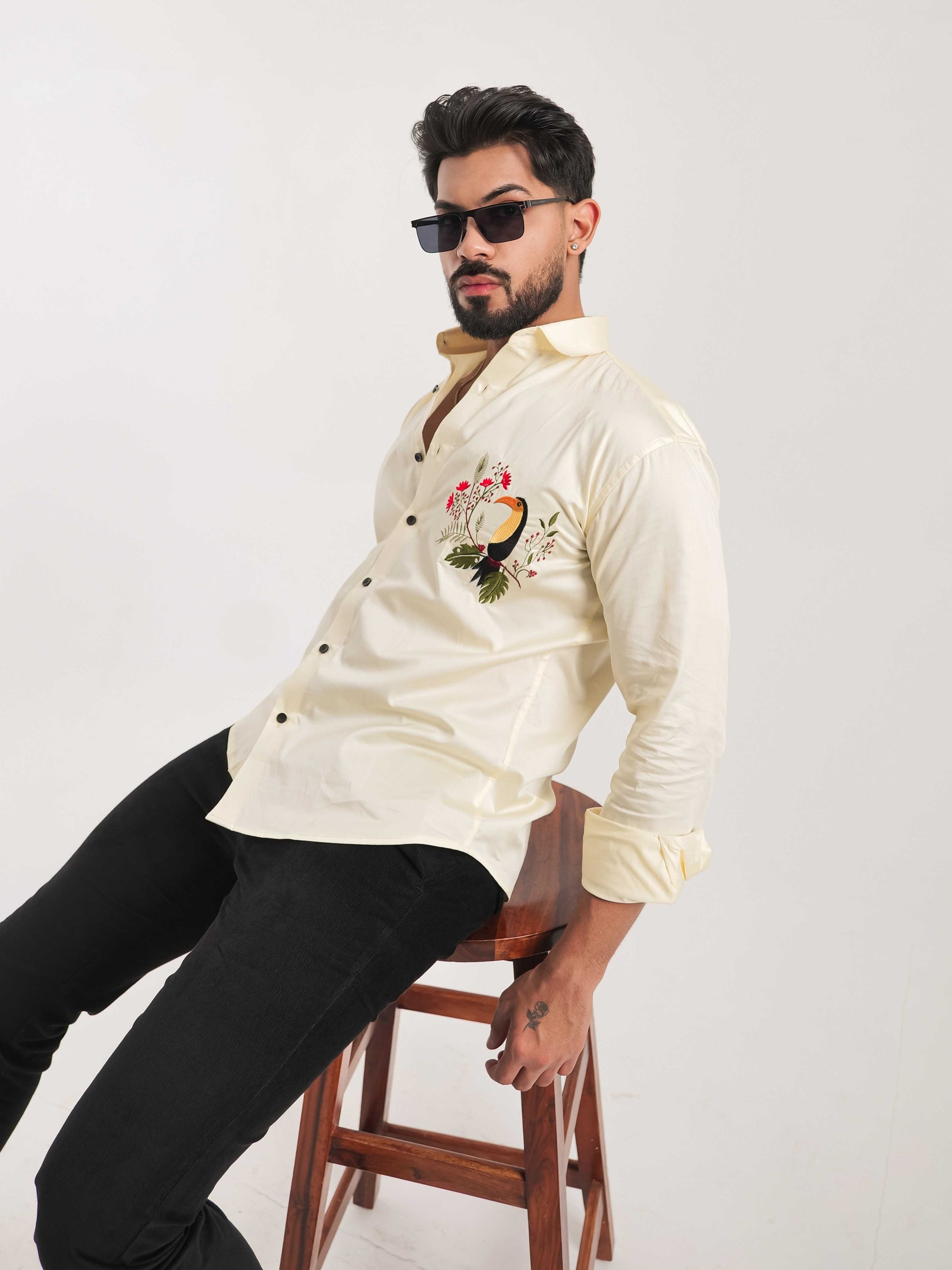 FOOMER YELLOW EMBROIDERY DESIGNER SATIN SHIRT FOR MEN'S