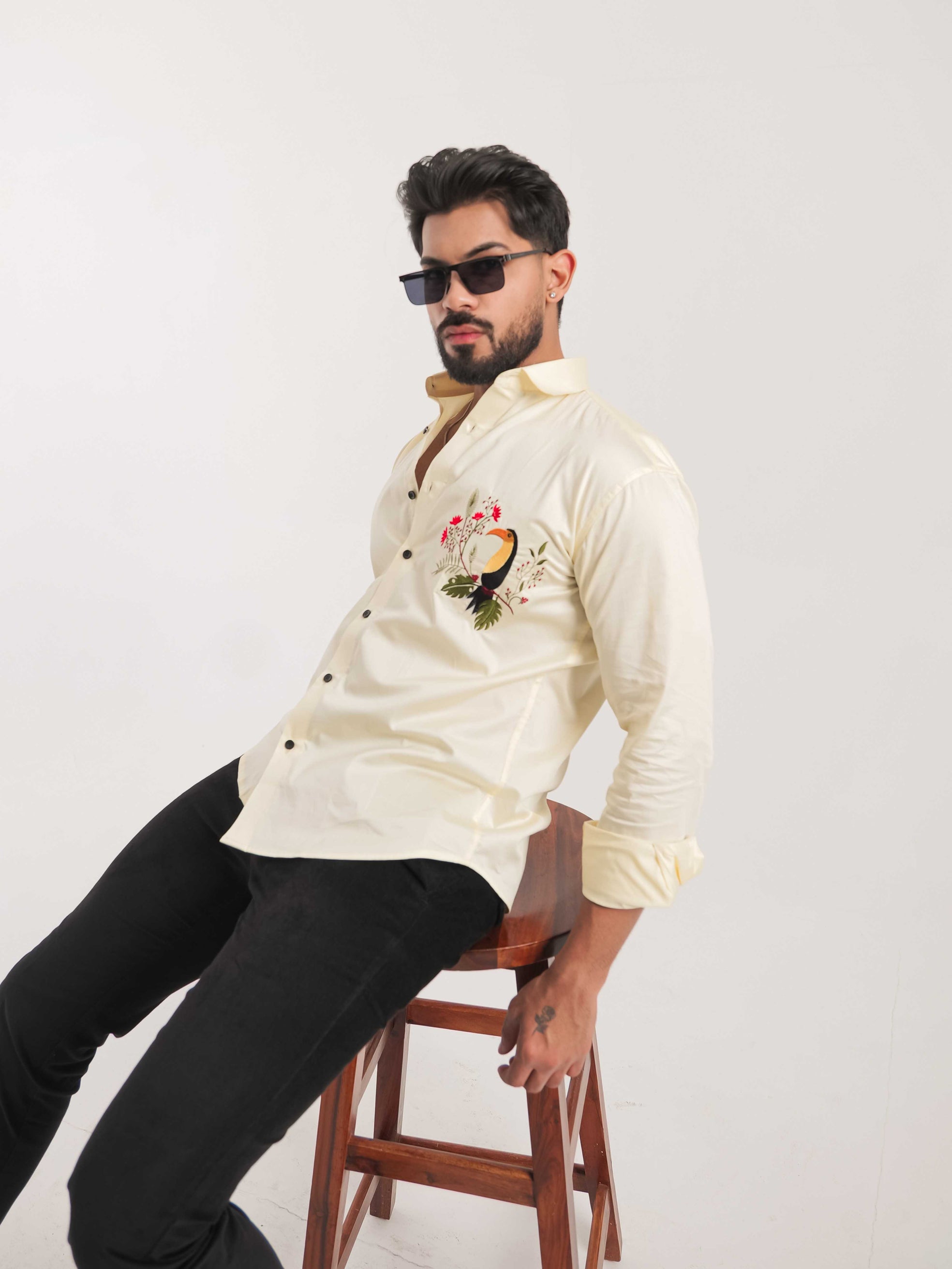 FOOMER YELLOW EMBROIDERY DESIGNER SATIN SHIRT FOR MEN'S