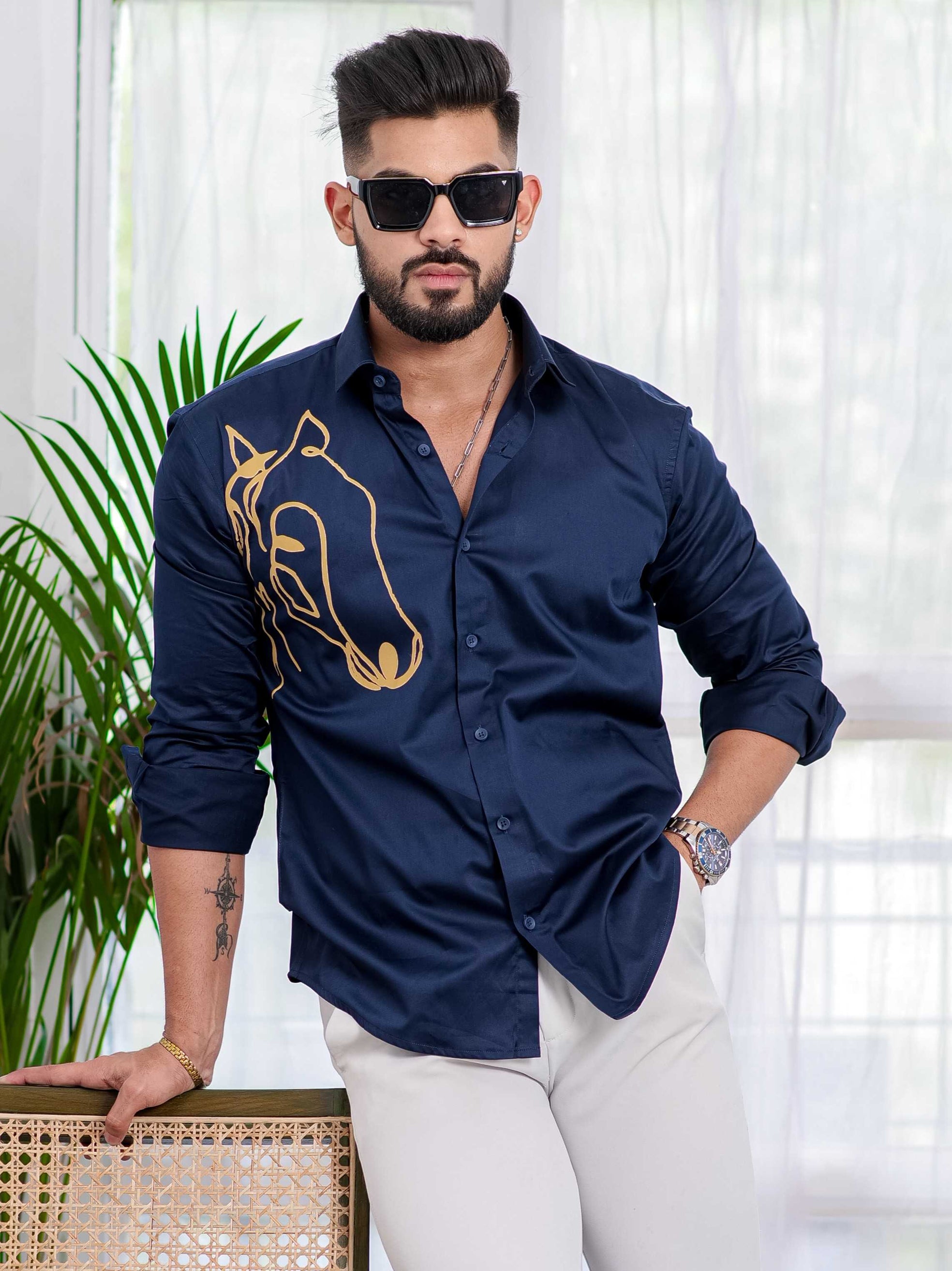 Blue Club Horse Printed Satin Cotton Shirt