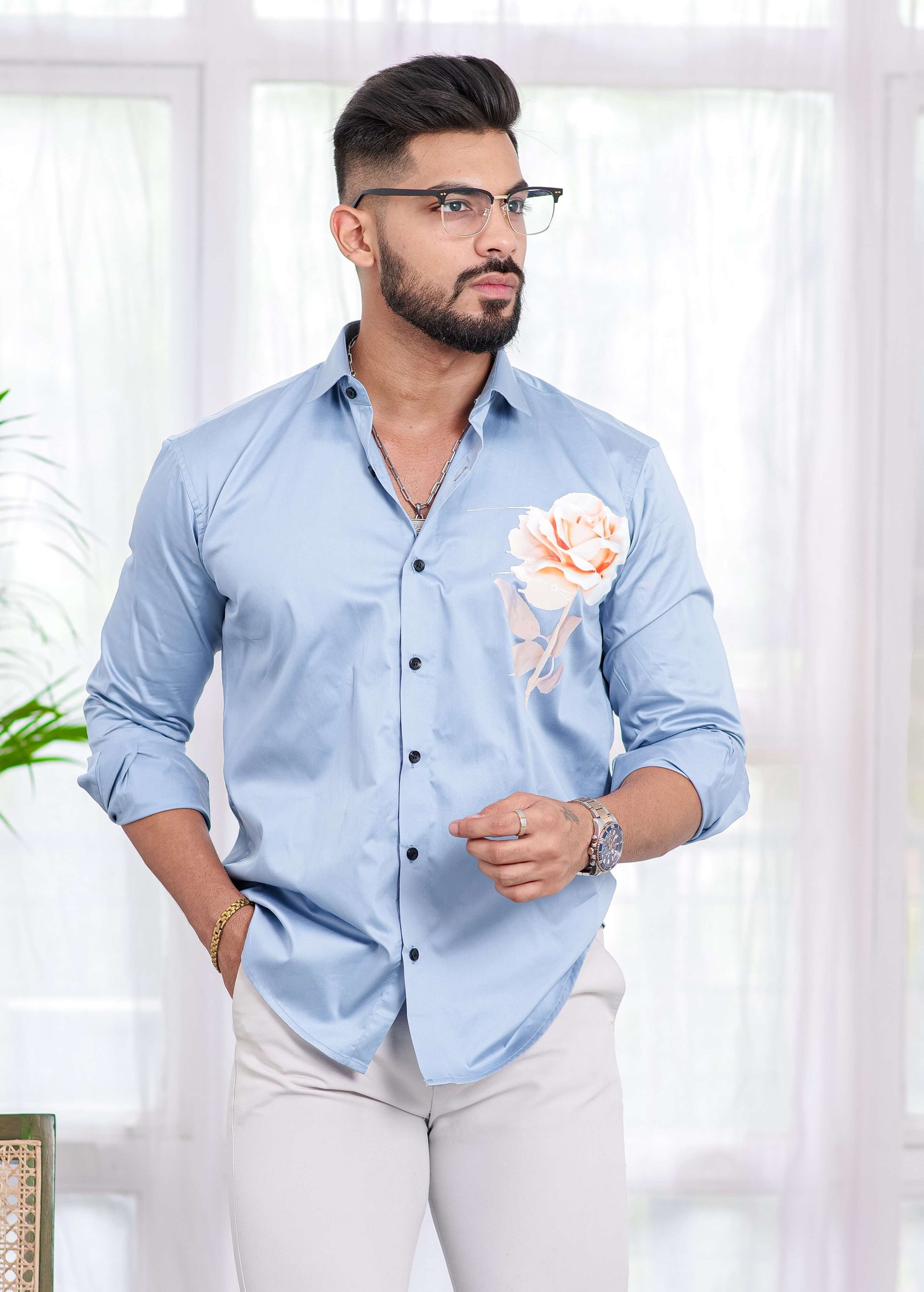 Sky Club Wear Printed Satin Cotton Shirt