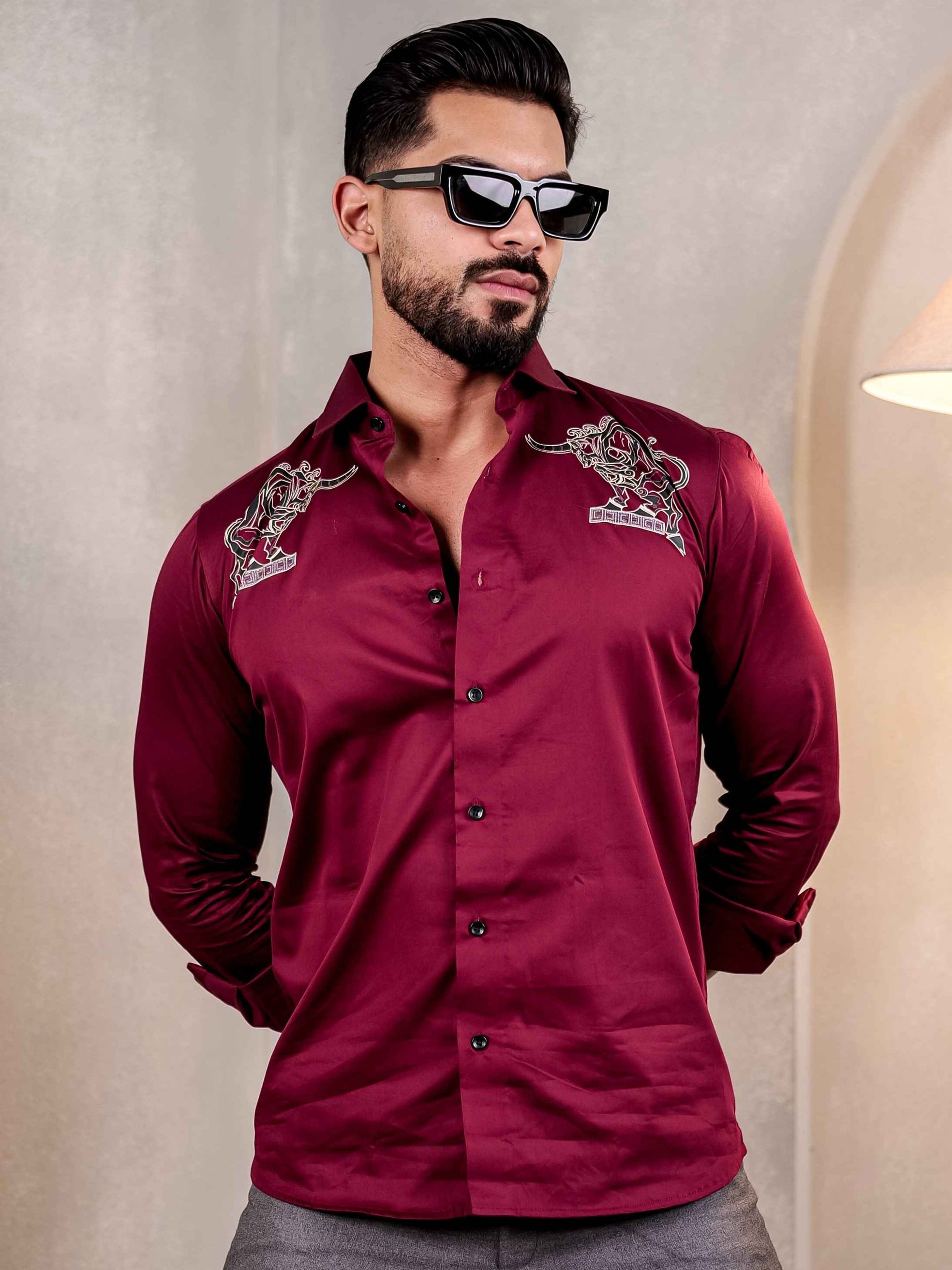 MAROON BULL CLUB WEAR PRINTED SATIN COTTON MEN'S SHIRT