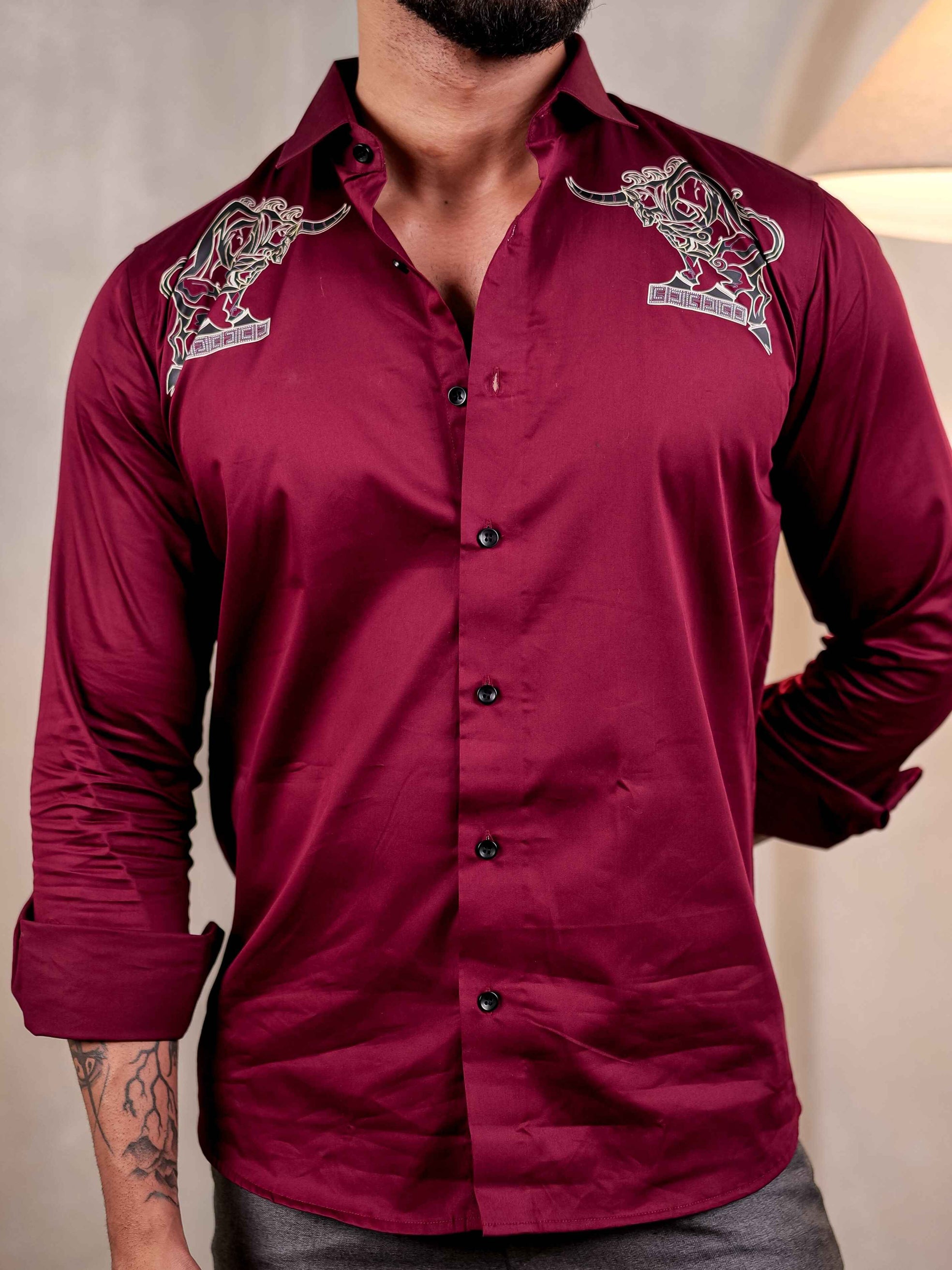 MAROON BULL CLUB WEAR PRINTED SATIN COTTON MEN'S SHIRT