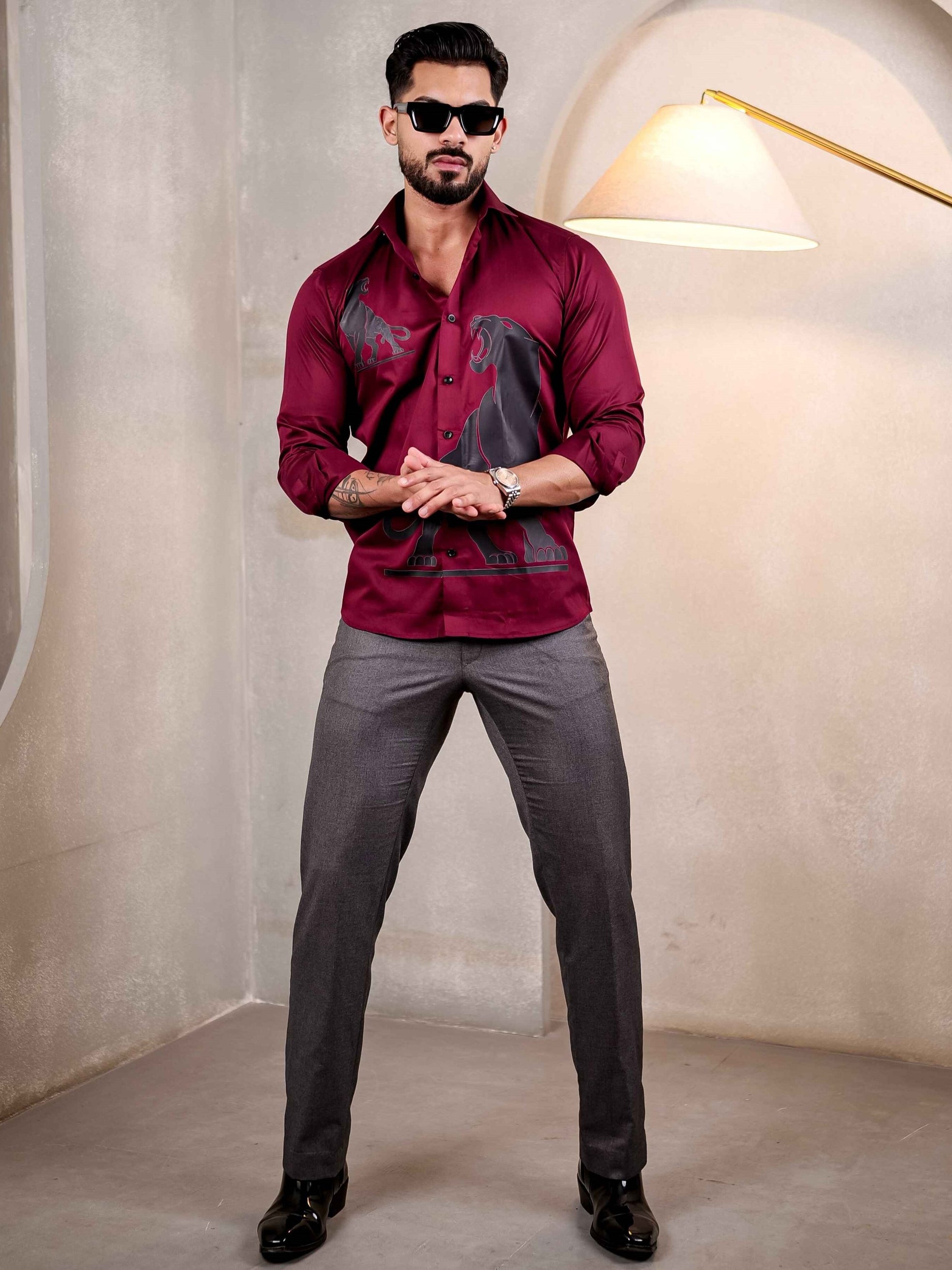 MAROON CLUB WEAR PRINTED SATIN COTTON MEN'S SHIRT