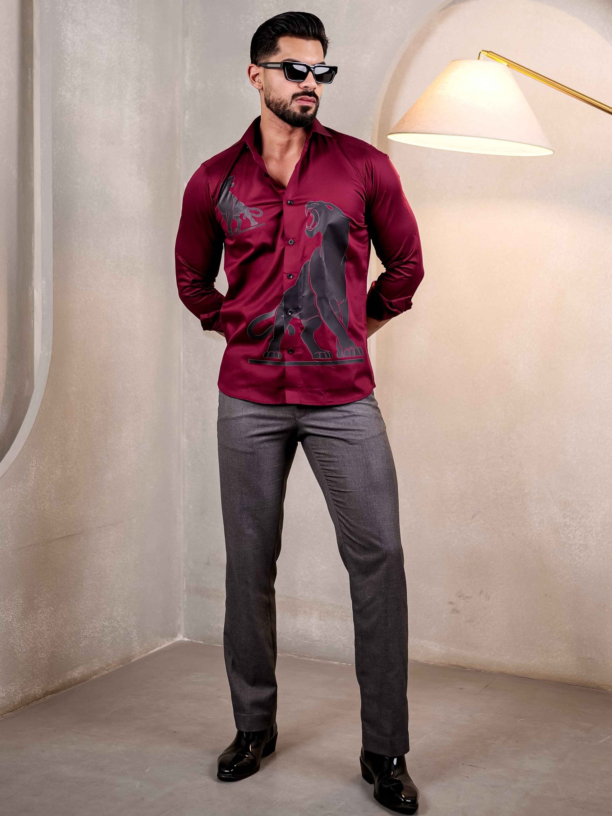 MAROON CLUB WEAR PRINTED SATIN COTTON MEN'S SHIRT