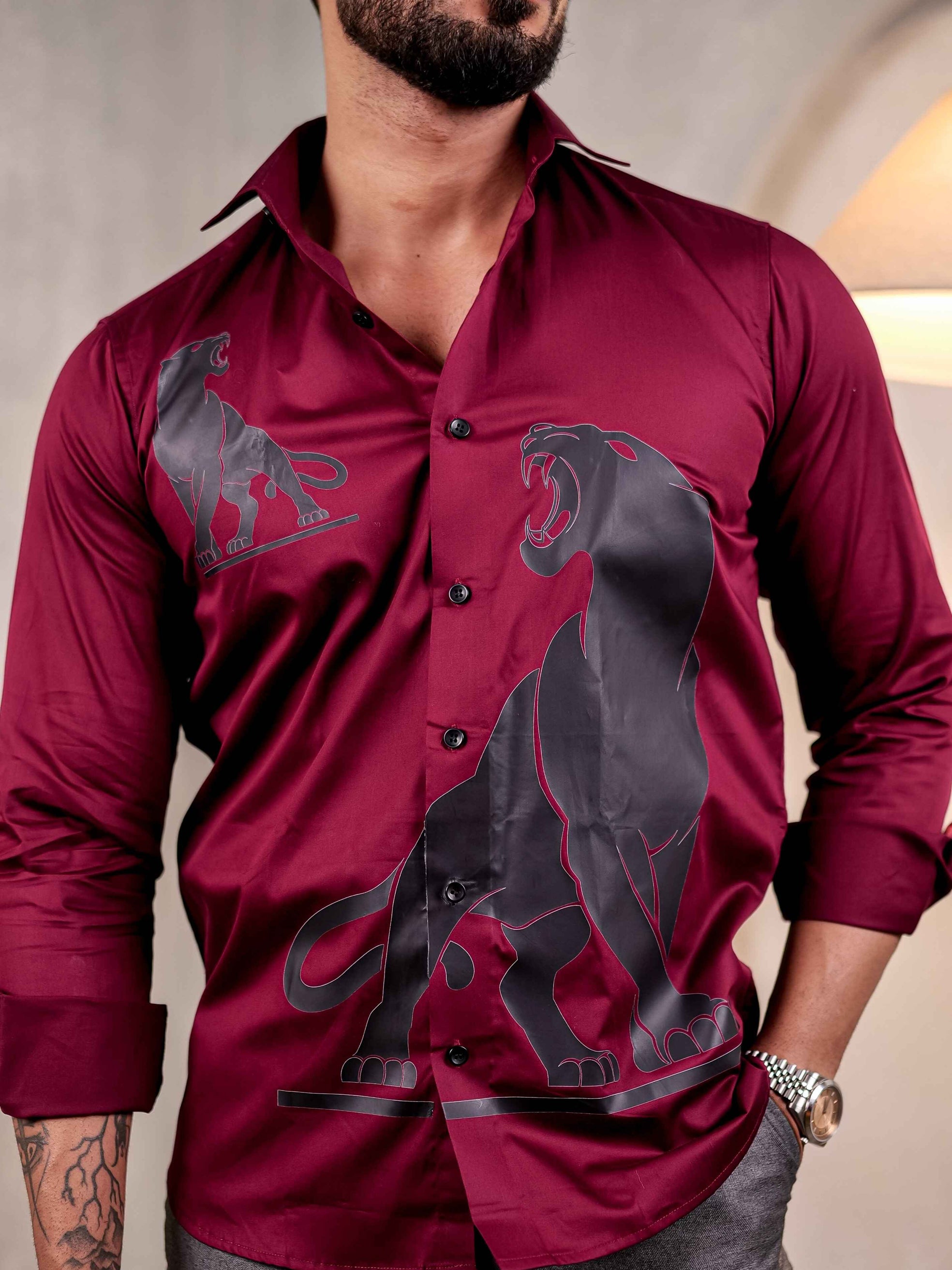 MAROON CLUB WEAR PRINTED SATIN COTTON MEN'S SHIRT