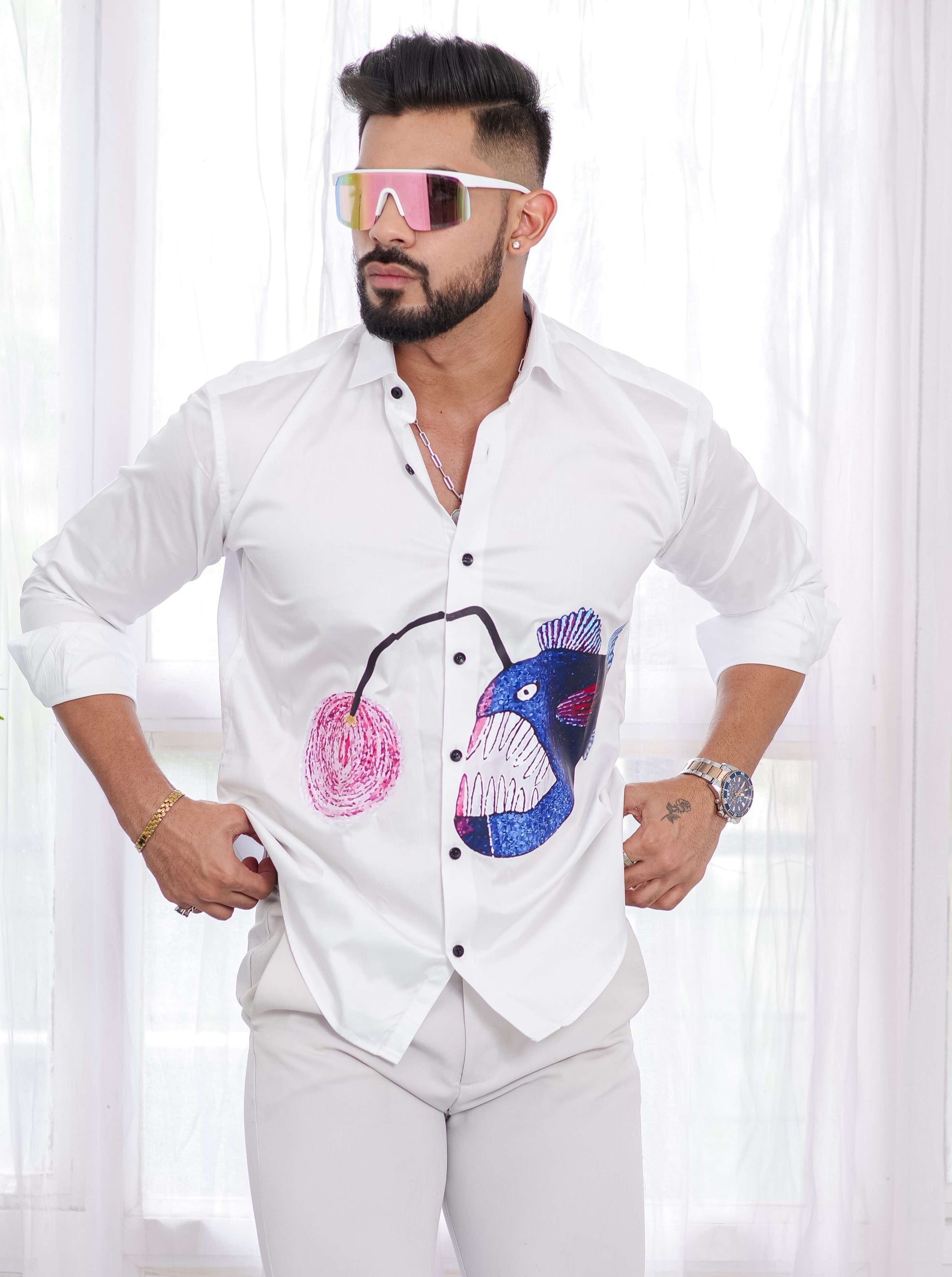 Blue Fish White Club Wear Printed Satin Cotton Shirt