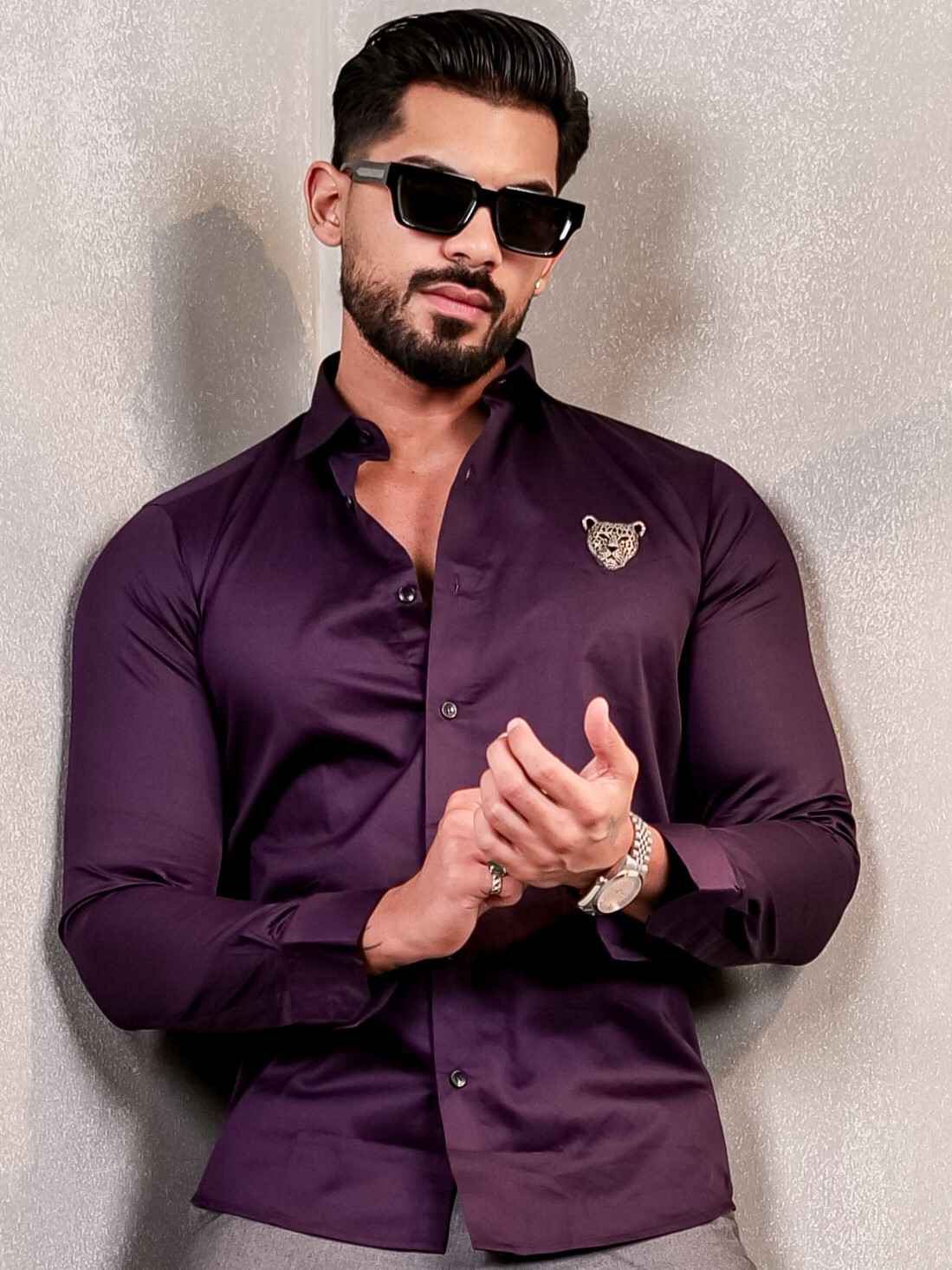 DARK PURPLE LEOPARD RHINESTONE HAND WORK SATIN COTTON MEN'S SHIRT