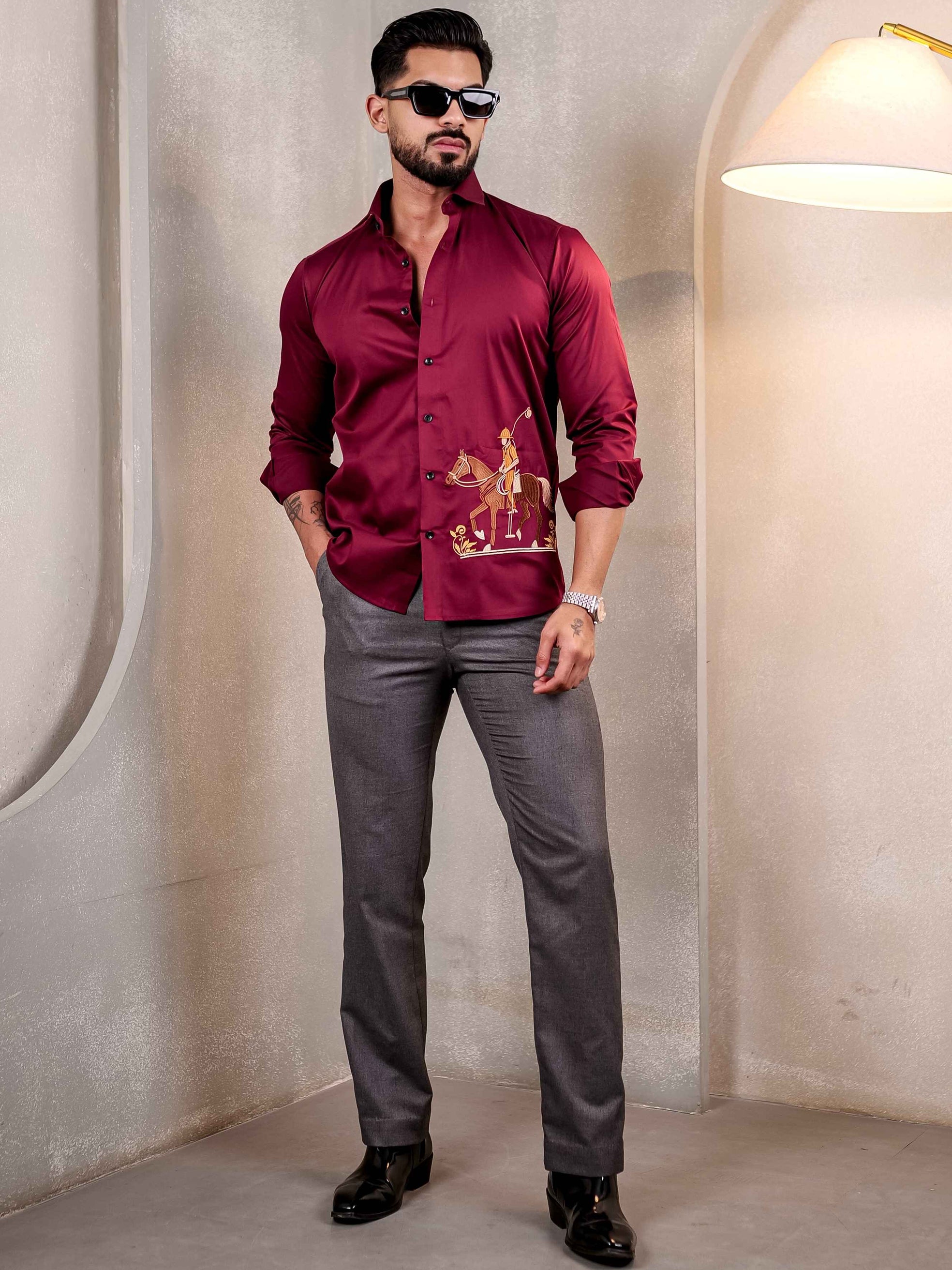 MAROON RIDER EMBROIDERED LUXURY SATIN COTTON MEN'S SHIRT