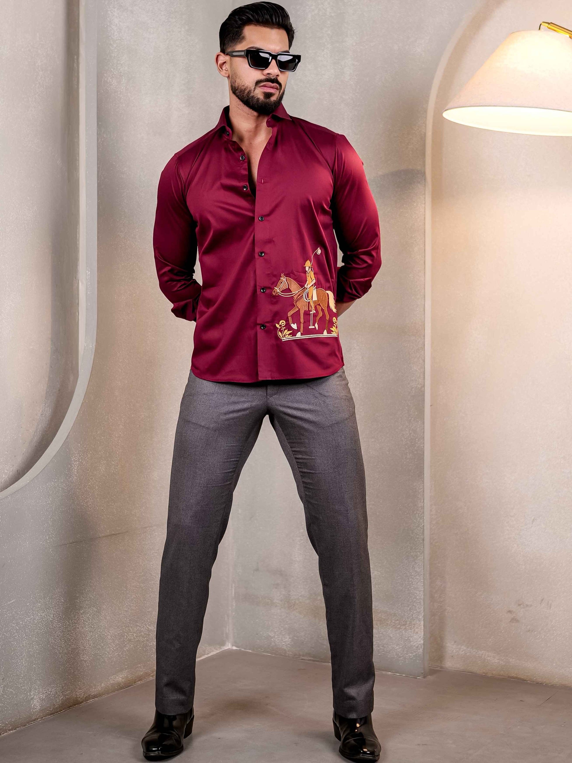 MAROON RIDER EMBROIDERED LUXURY SATIN COTTON MEN'S SHIRT