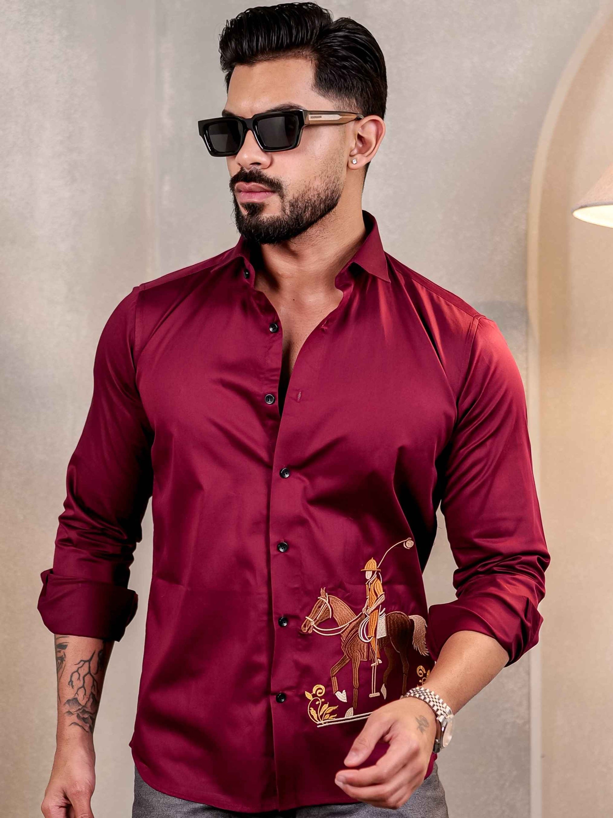 MAROON RIDER EMBROIDERED LUXURY SATIN COTTON MEN'S SHIRT