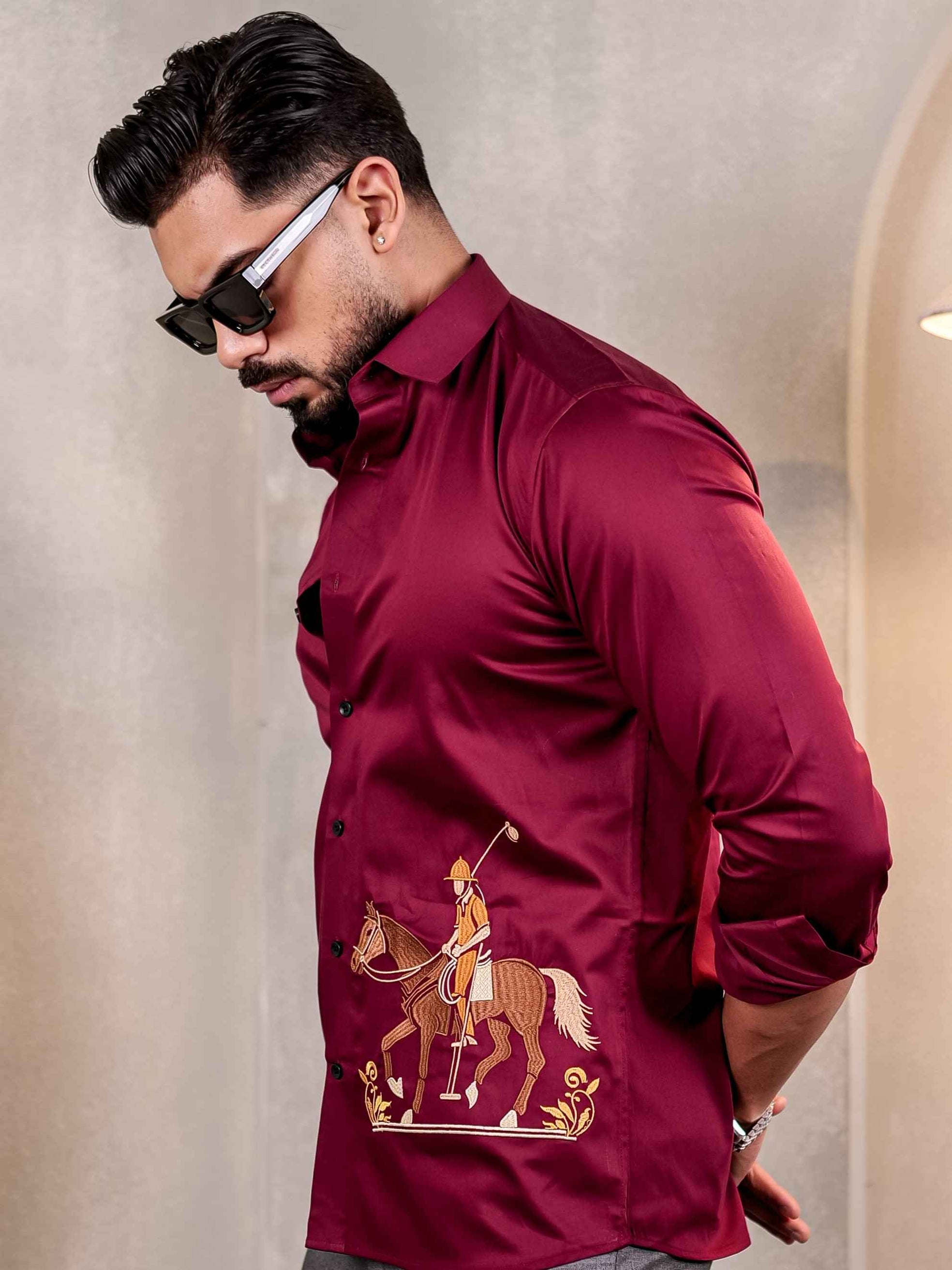 MAROON RIDER EMBROIDERED LUXURY SATIN COTTON MEN'S SHIRT