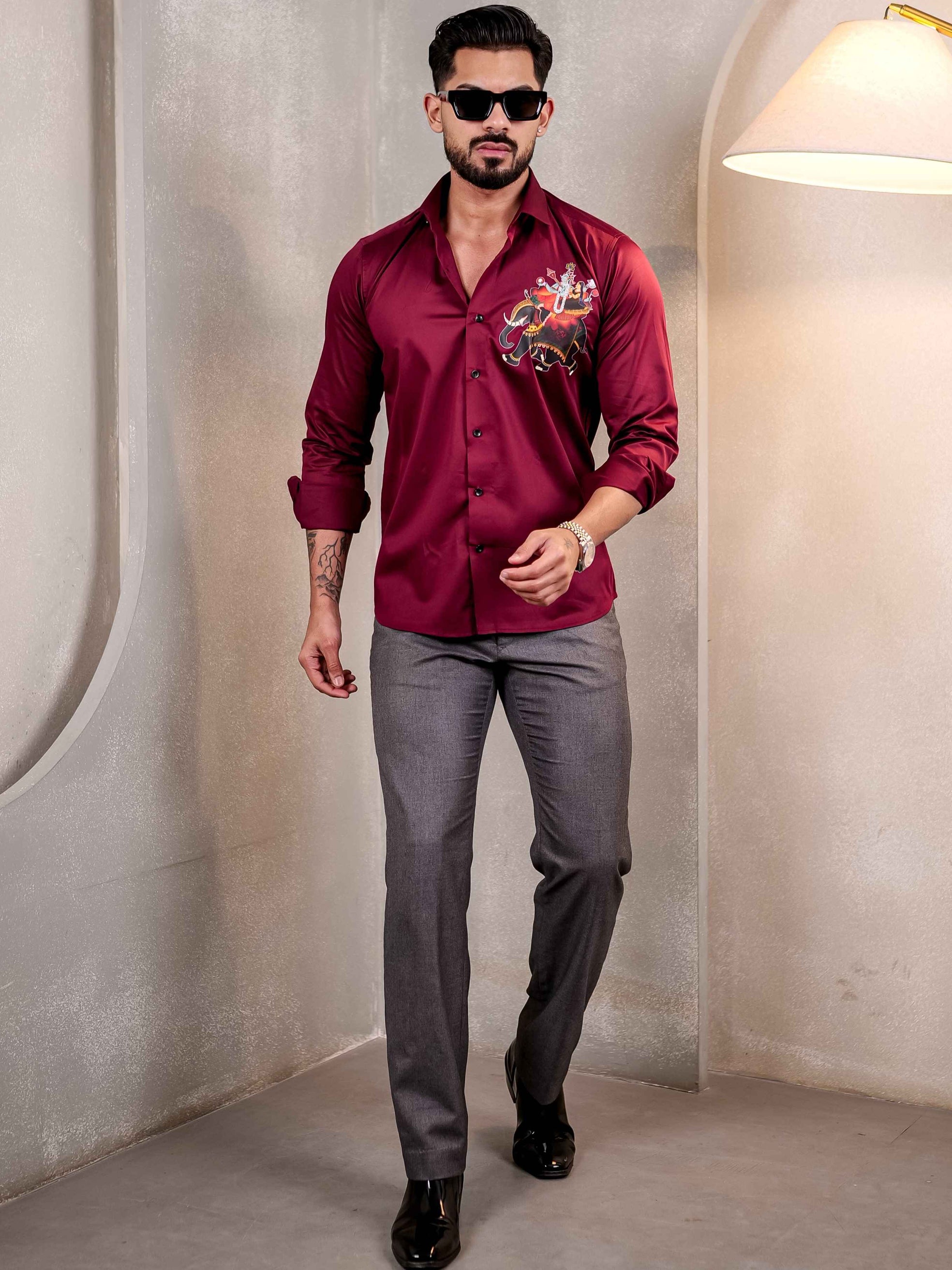 MAROON PICHWAI CLUB WEAR PRINTED SATIN COTTON MEN'S SHIRT