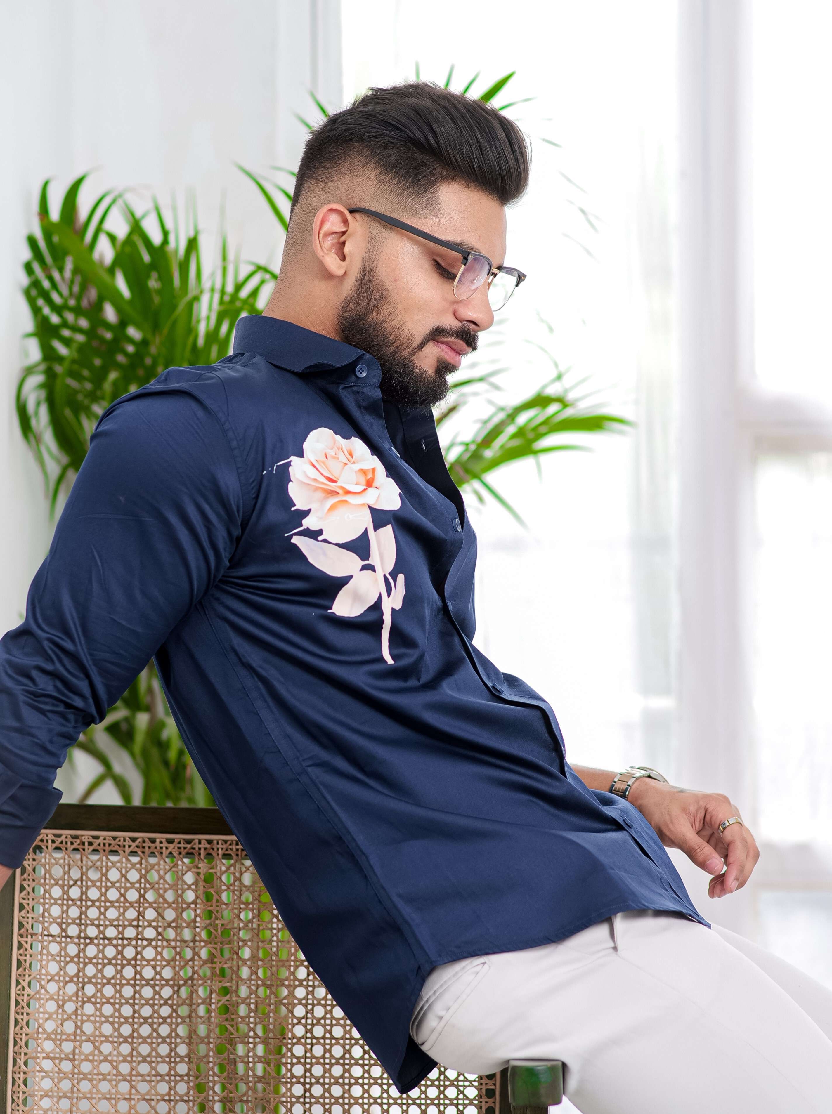 Navy Blue Club Wear Printed Satin Cotton Shirt