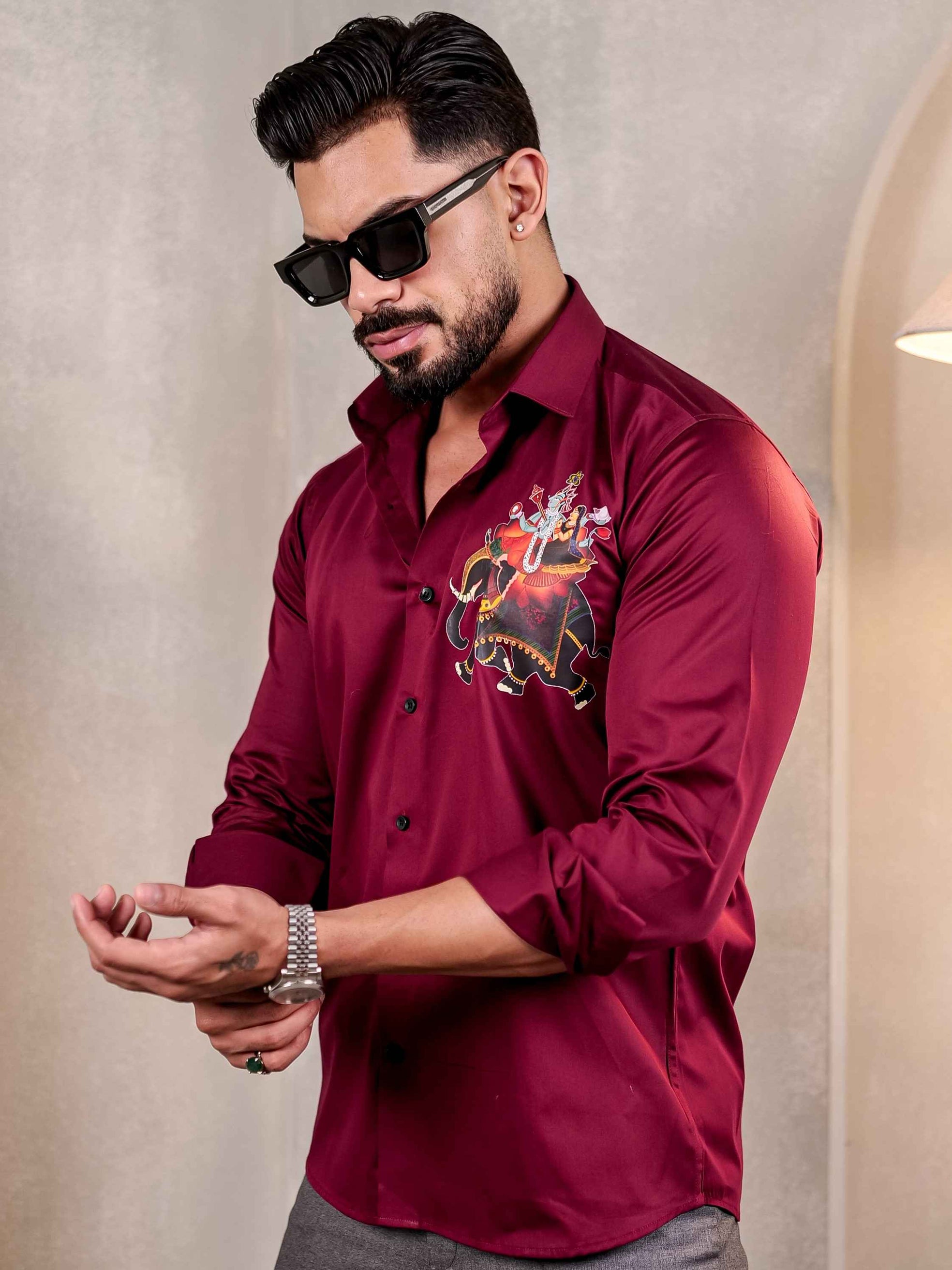 MAROON PICHWAI CLUB WEAR PRINTED SATIN COTTON MEN'S SHIRT