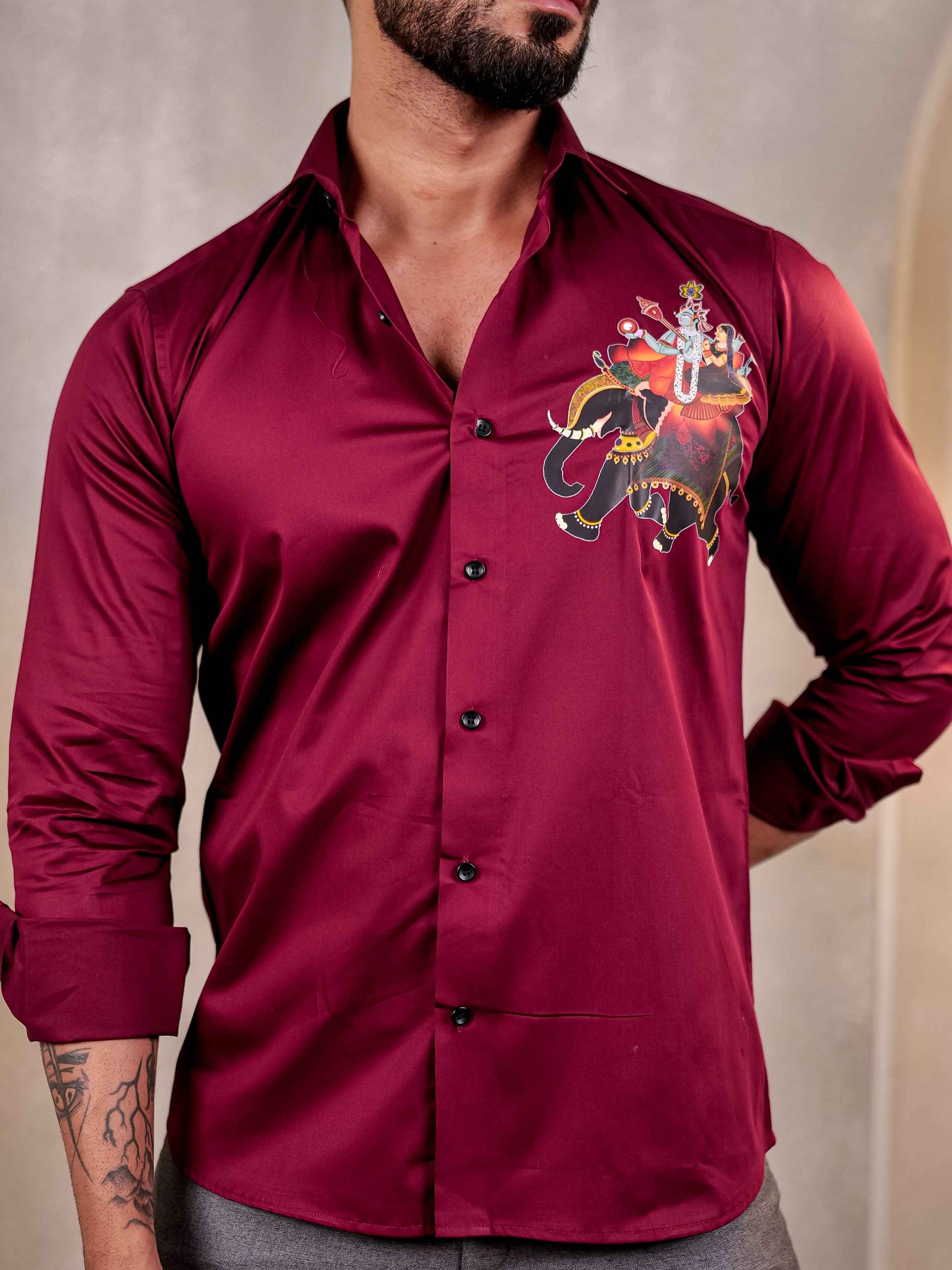 MAROON PICHWAI CLUB WEAR PRINTED SATIN COTTON MEN'S SHIRT