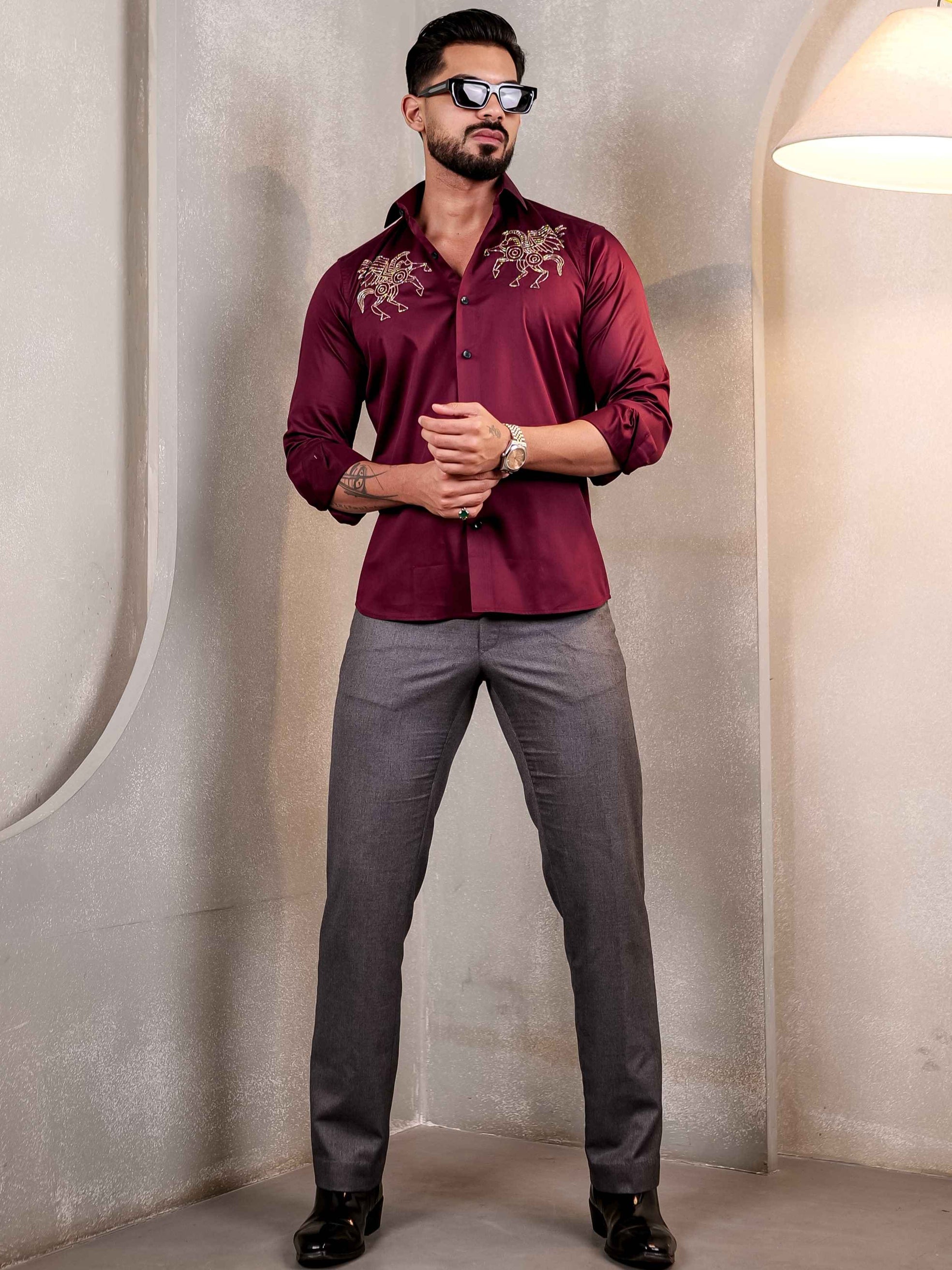 MAROON HORSE RHINESTONE HAND WORK SATIN COTTON MEN'S SHIRT