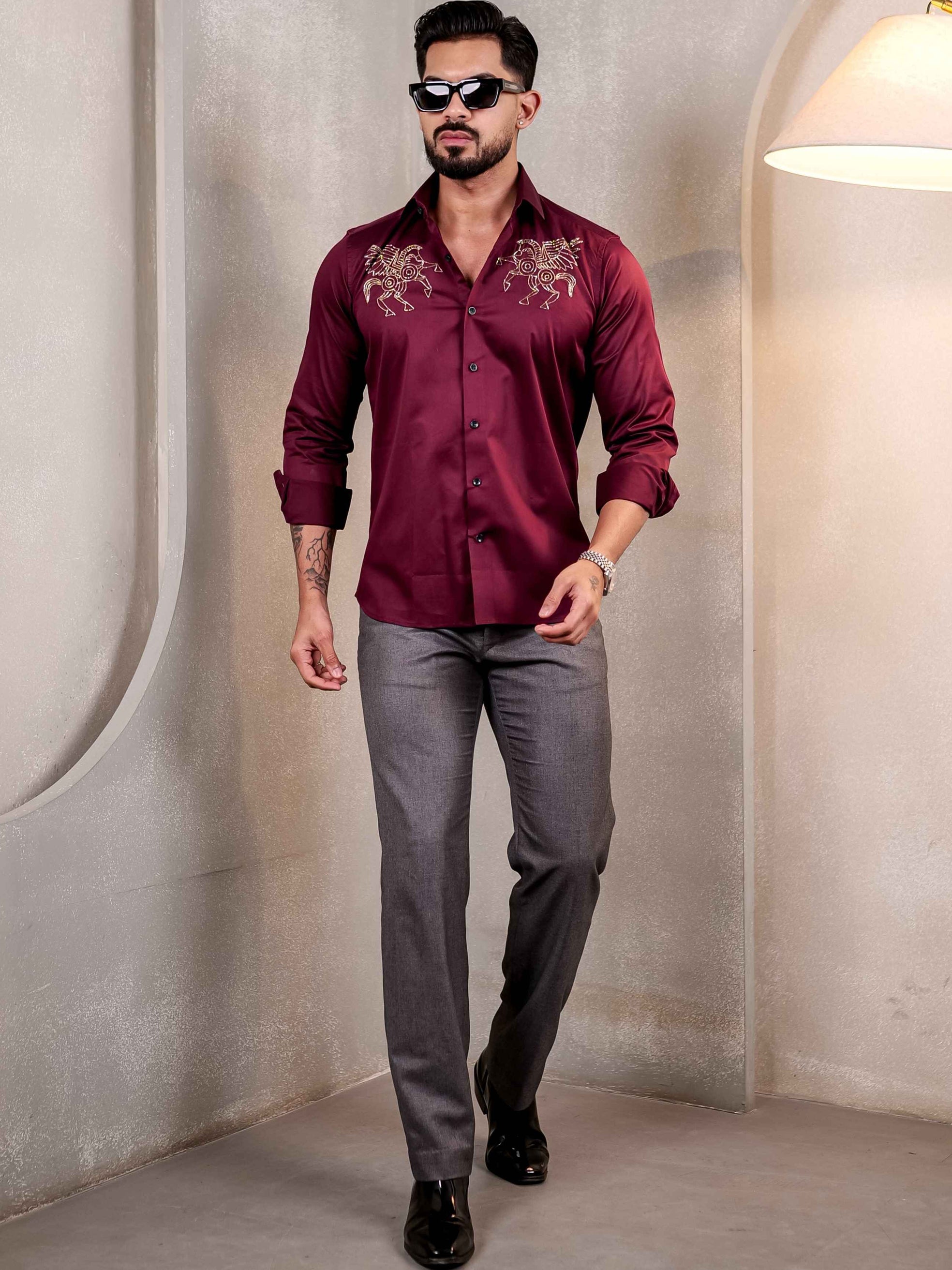 MAROON HORSE RHINESTONE HAND WORK SATIN COTTON MEN'S SHIRT