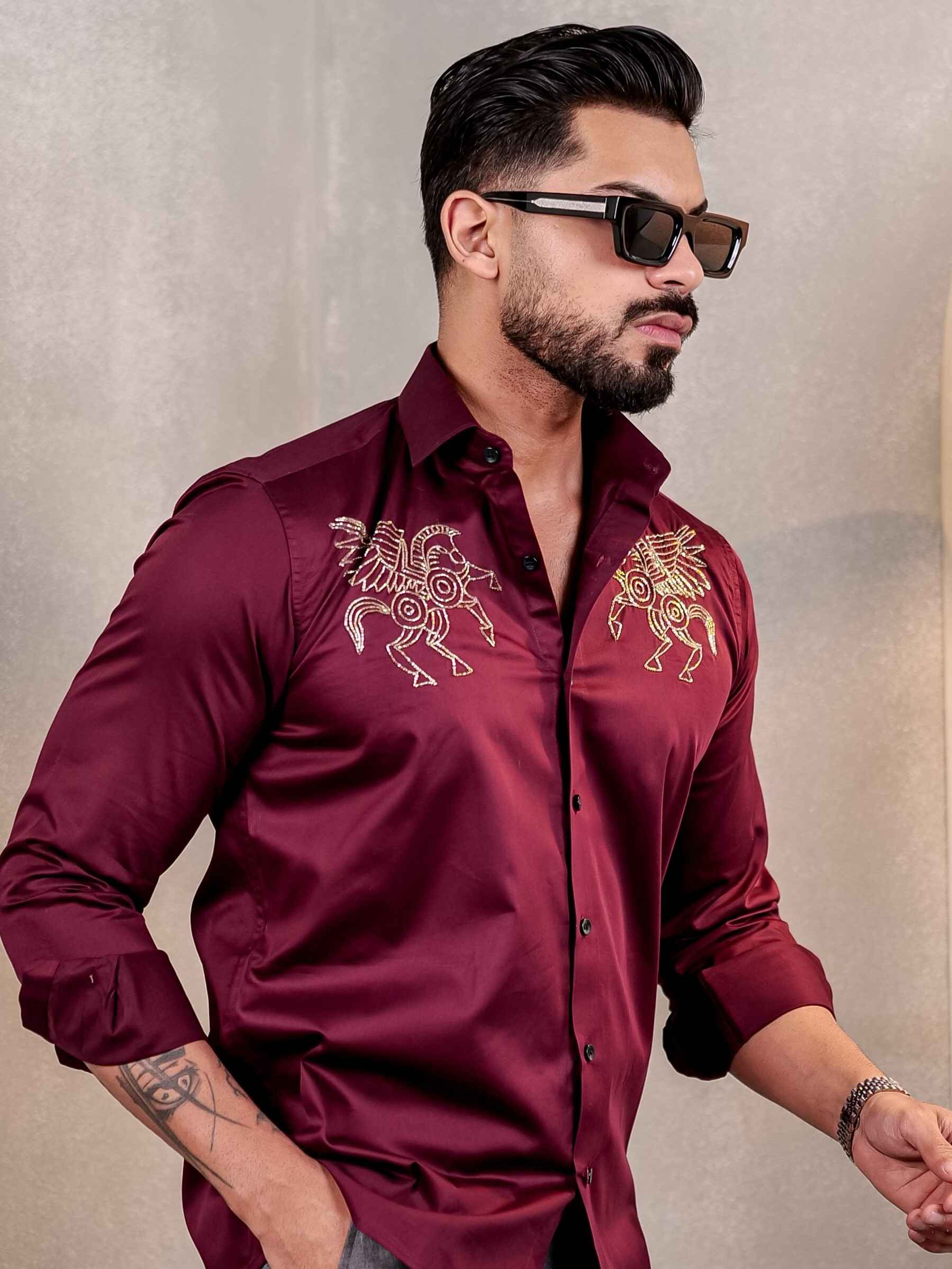 MAROON HORSE RHINESTONE HAND WORK SATIN COTTON MEN'S SHIRT