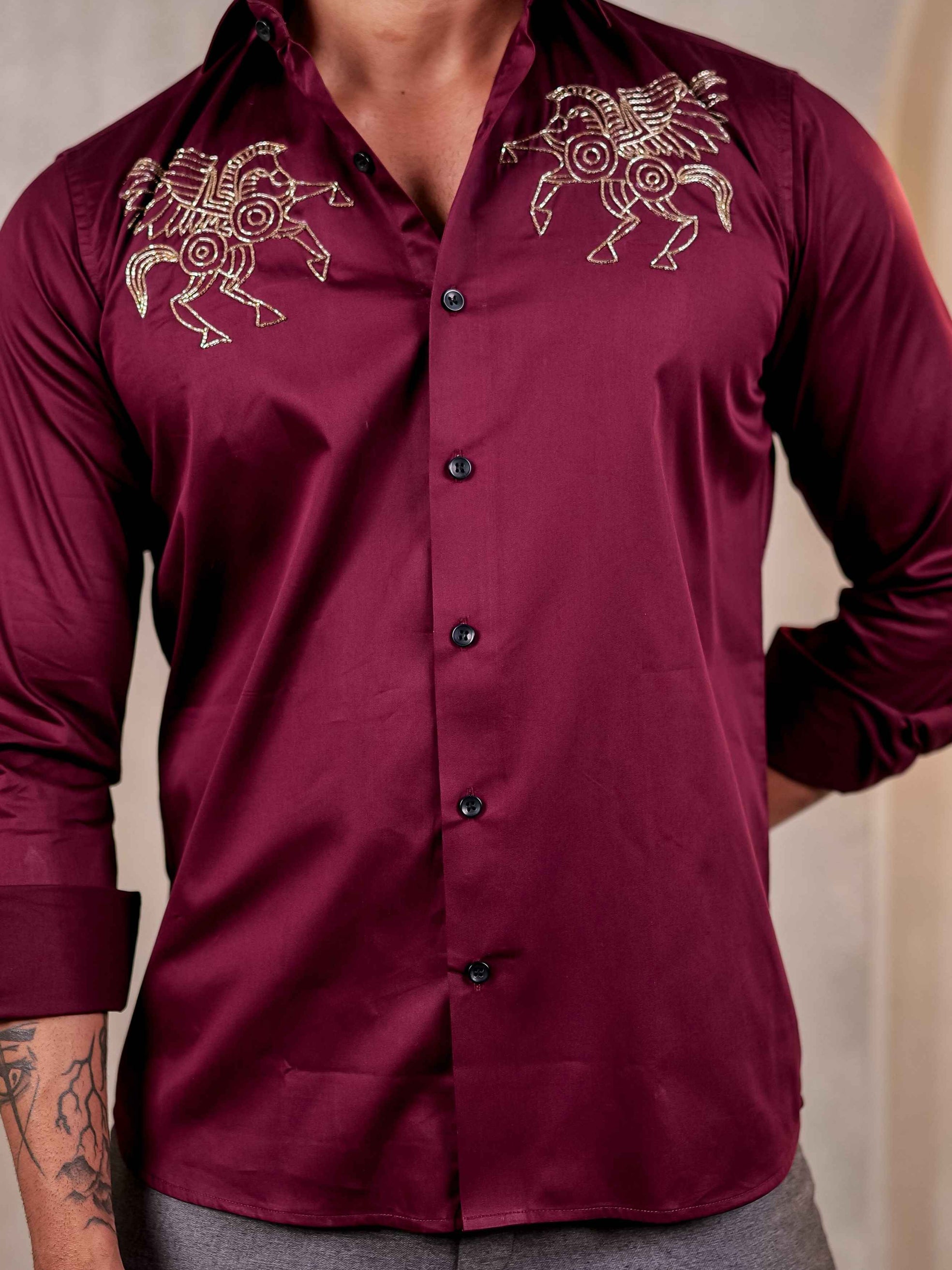 MAROON HORSE RHINESTONE HAND WORK SATIN COTTON MEN'S SHIRT