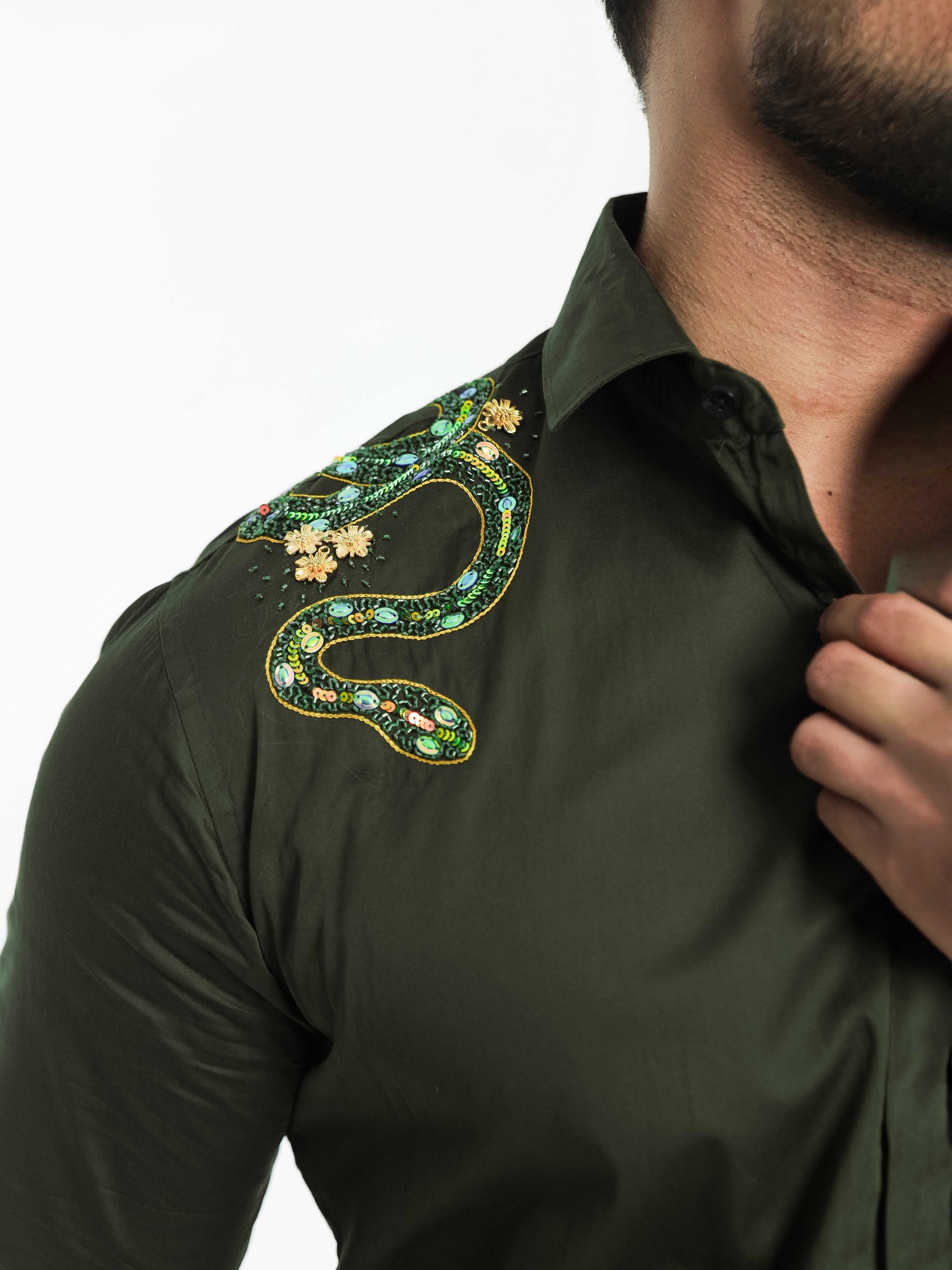 FOOMER OLIVE RHINESTONE HAND WORK SATIN COTTON PREMIUM SHIRT