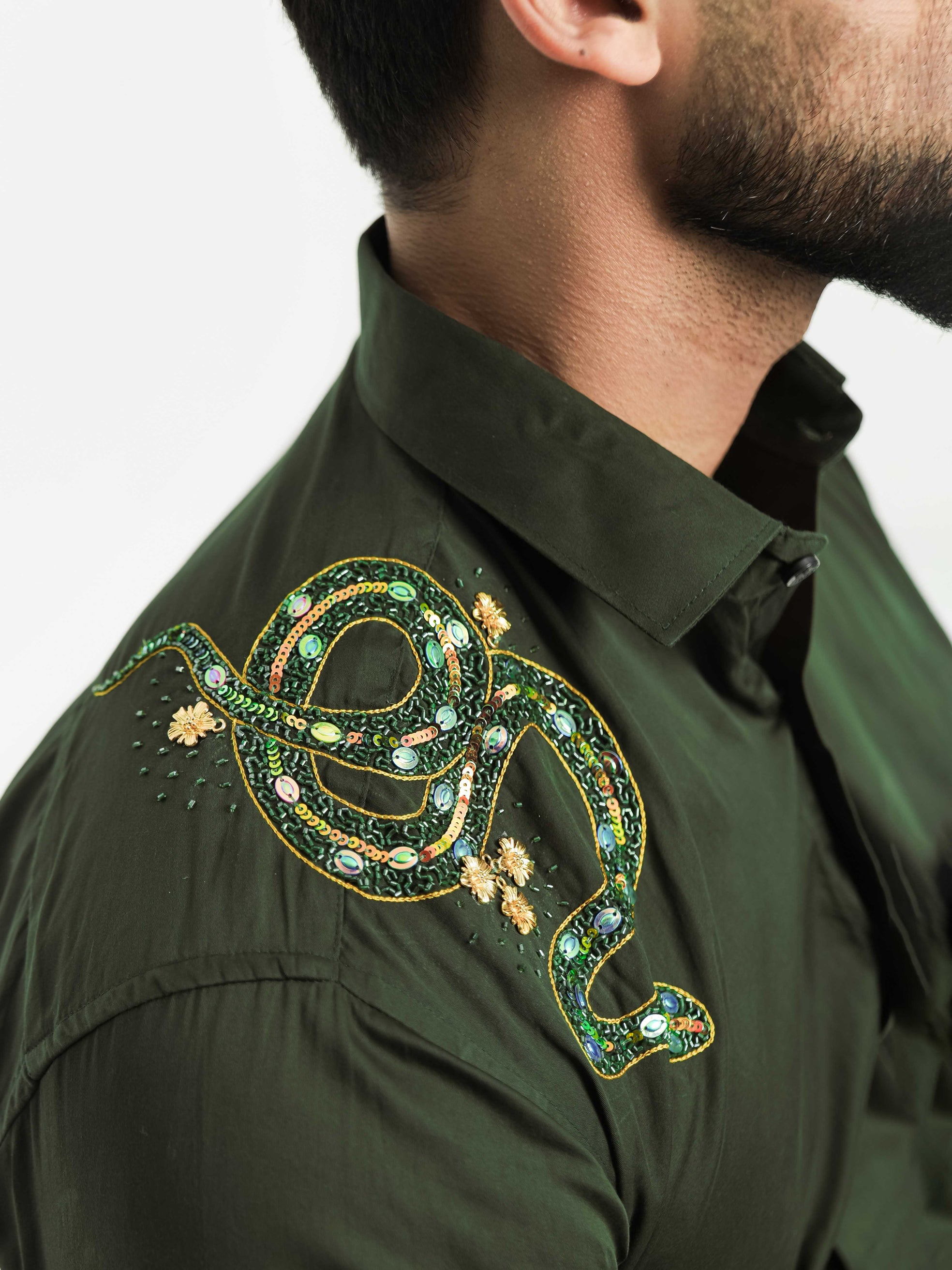 FOOMER OLIVE RHINESTONE HAND WORK SATIN COTTON PREMIUM SHIRT