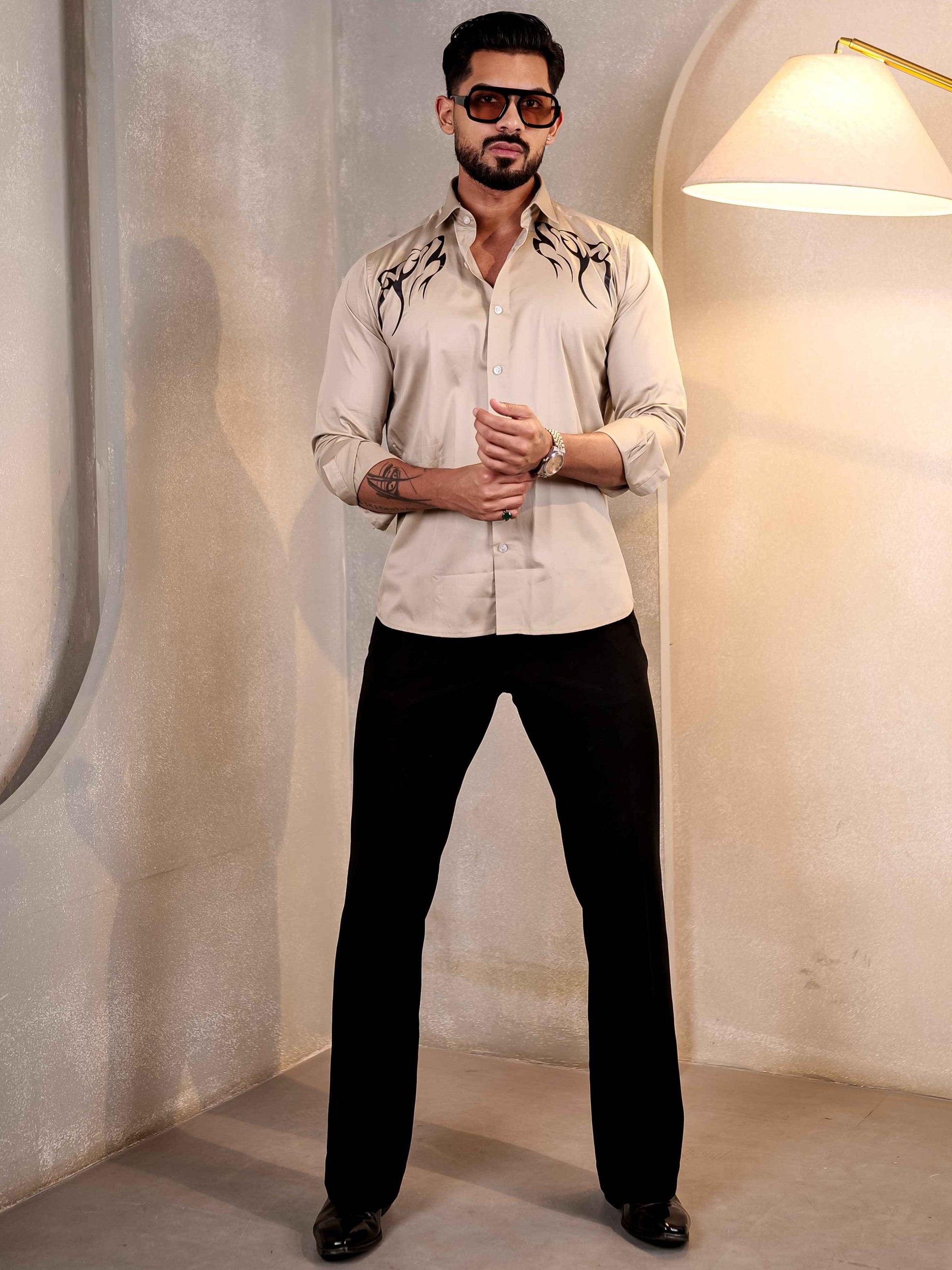 CREAM CLUB WEAR PRINTED SATIN COTTON MEN'S SHIRT
