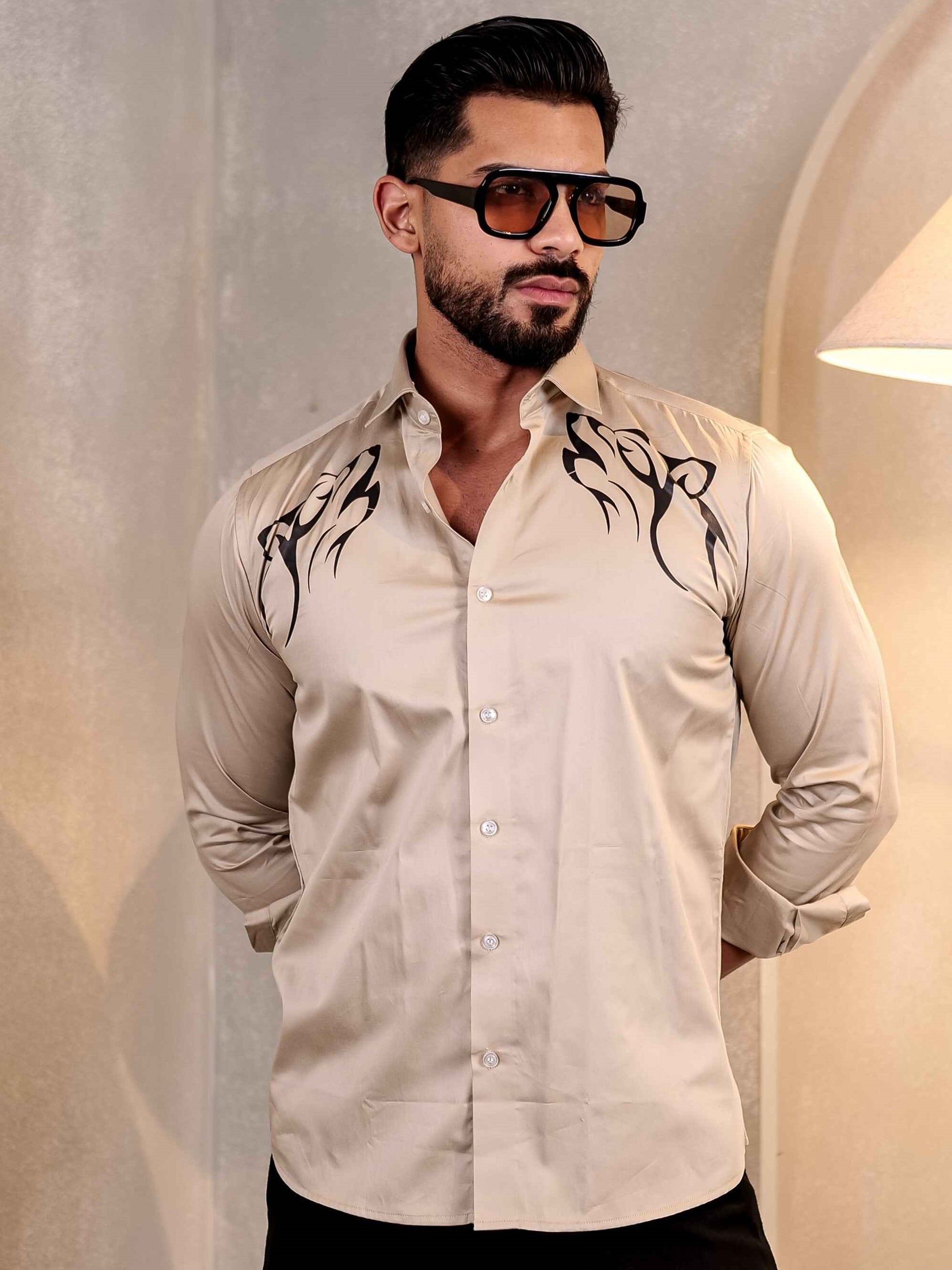 CREAM CLUB WEAR PRINTED SATIN COTTON MEN'S SHIRT