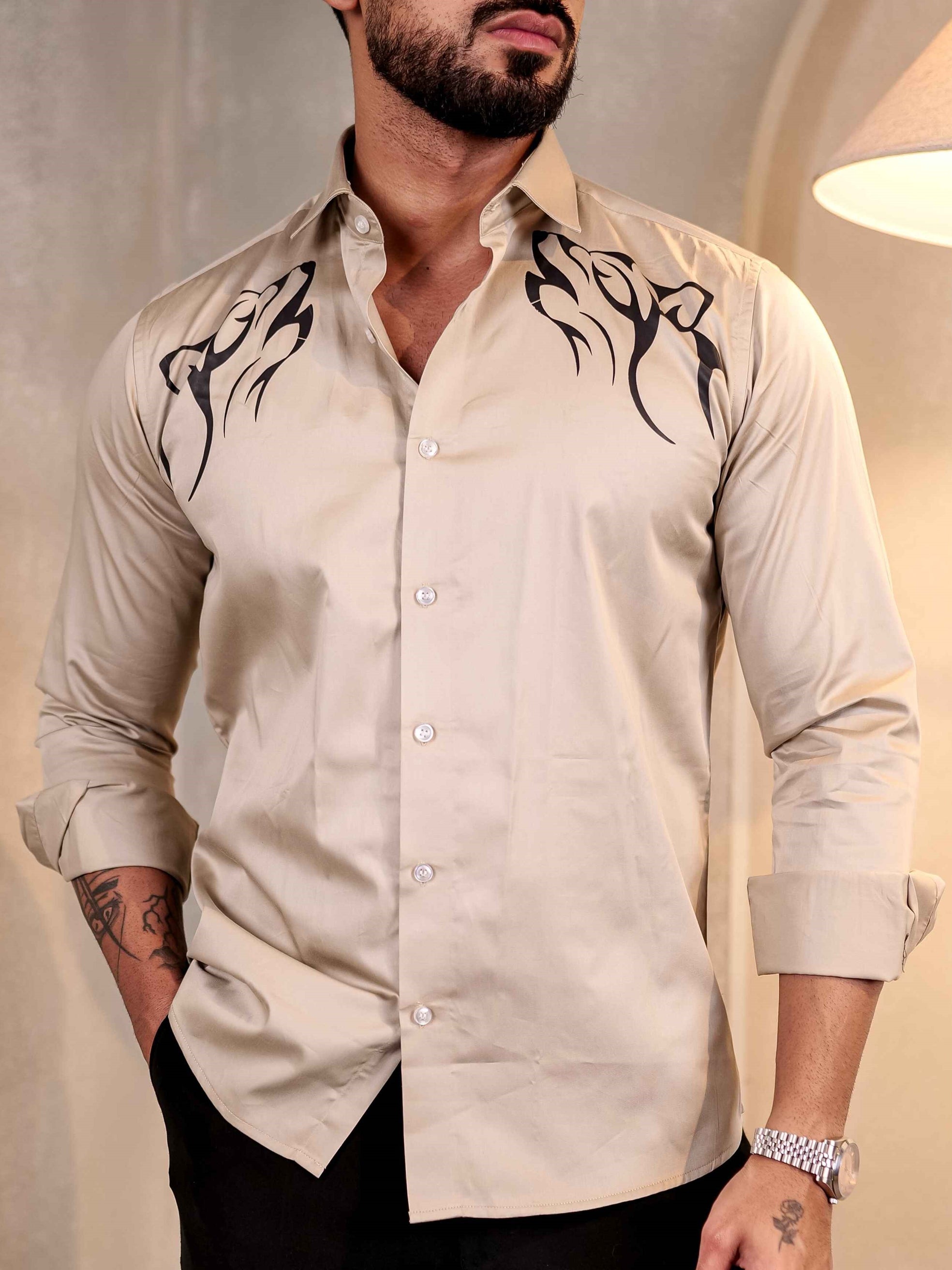 CREAM CLUB WEAR PRINTED SATIN COTTON MEN'S SHIRT