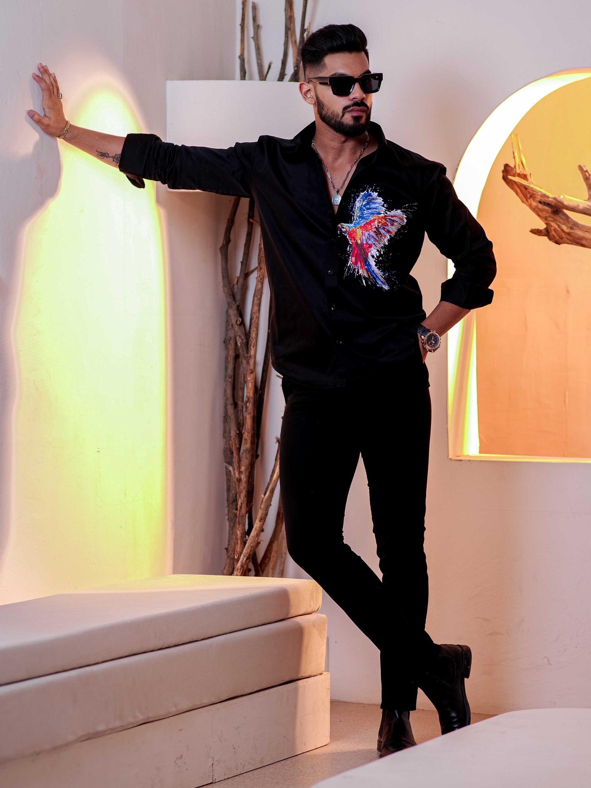 Black Club Wear Printed Satin Cotton Shirt