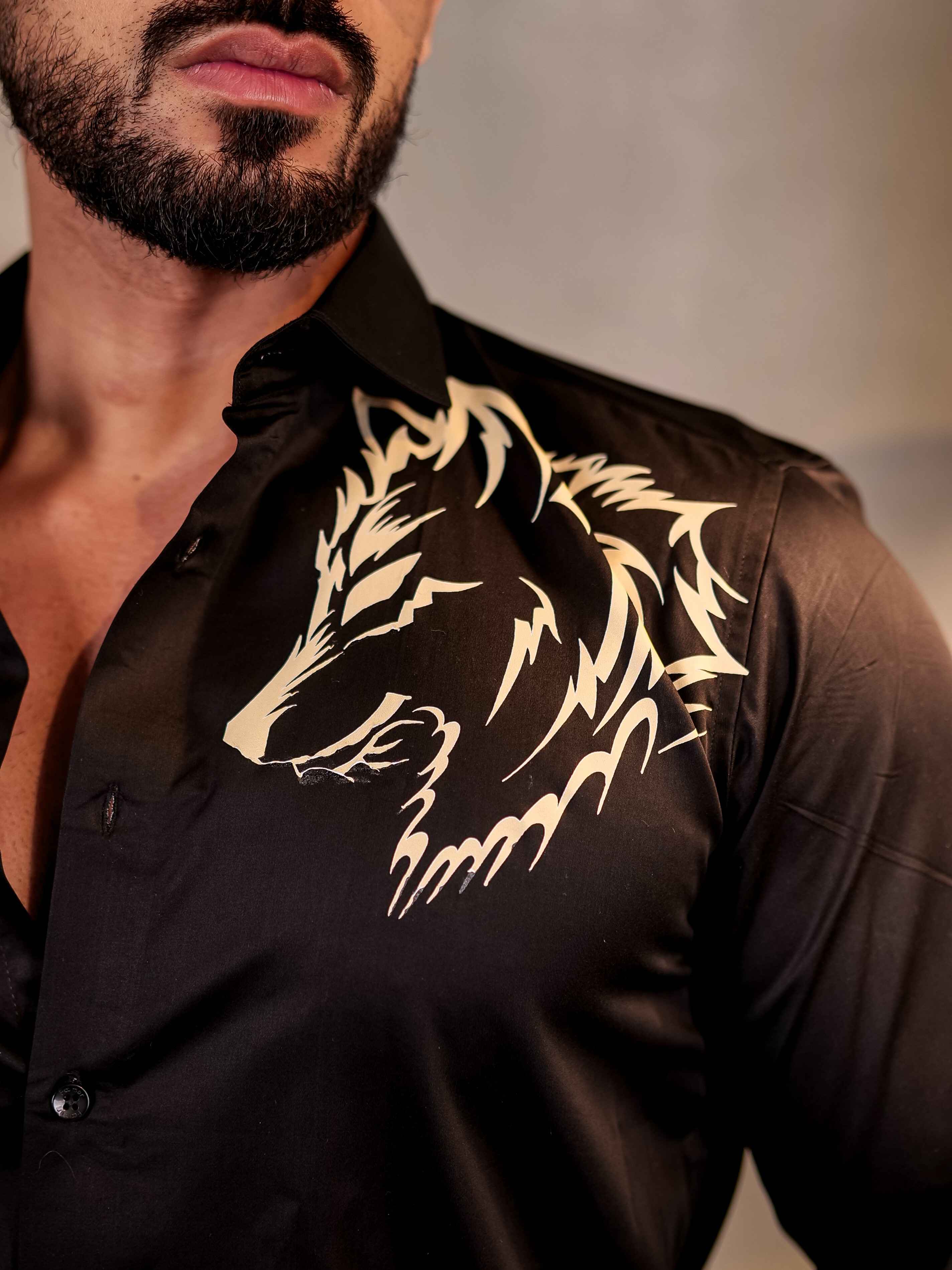 BLACK BIG WOLF CLUB WEAR PRINTED SATIN COTTON MEN'S SHIRT – The Foomer