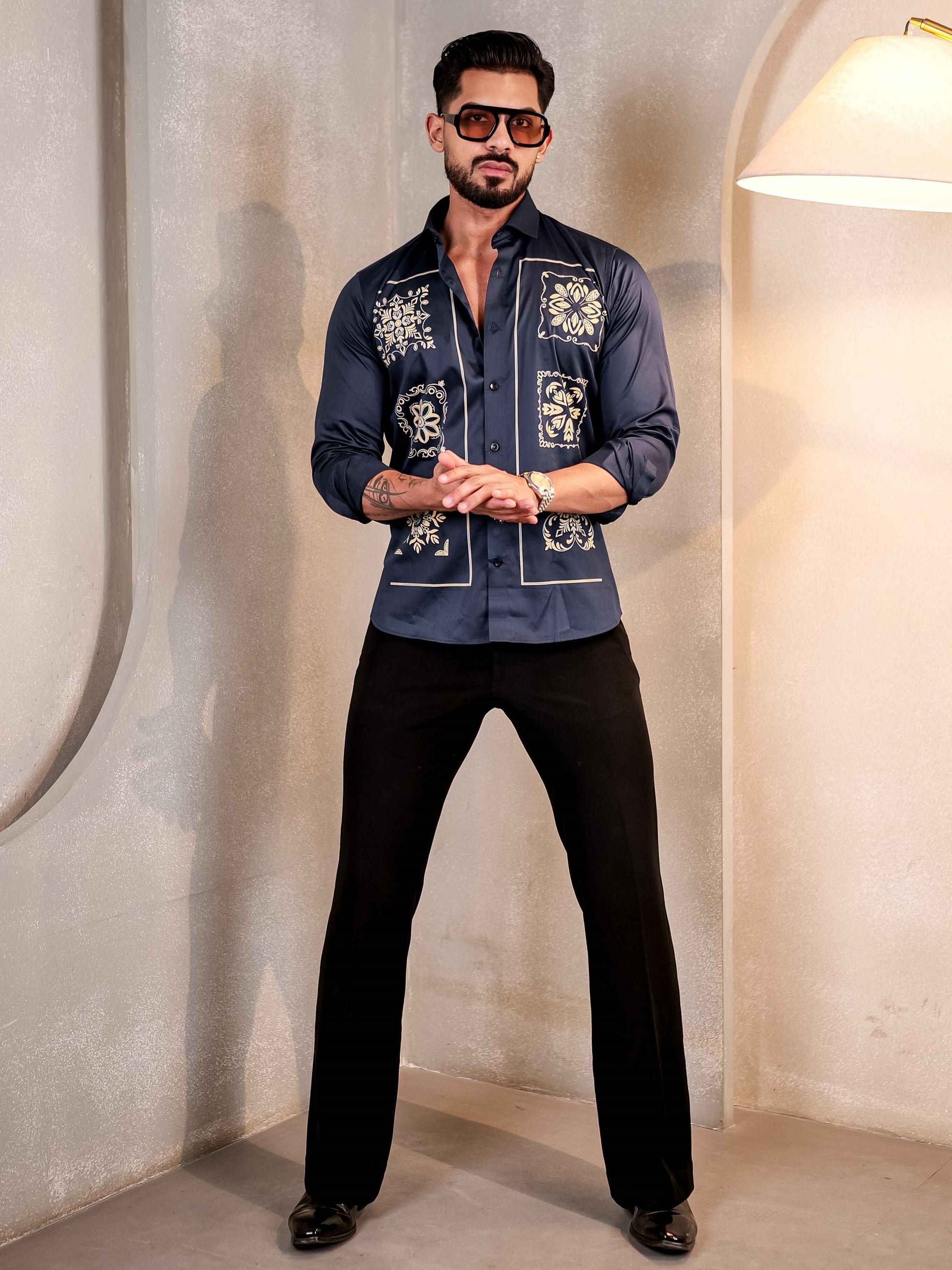 NAVY CLUB WEAR MANDALA PRINTED SATIN MEN'S SHIRT